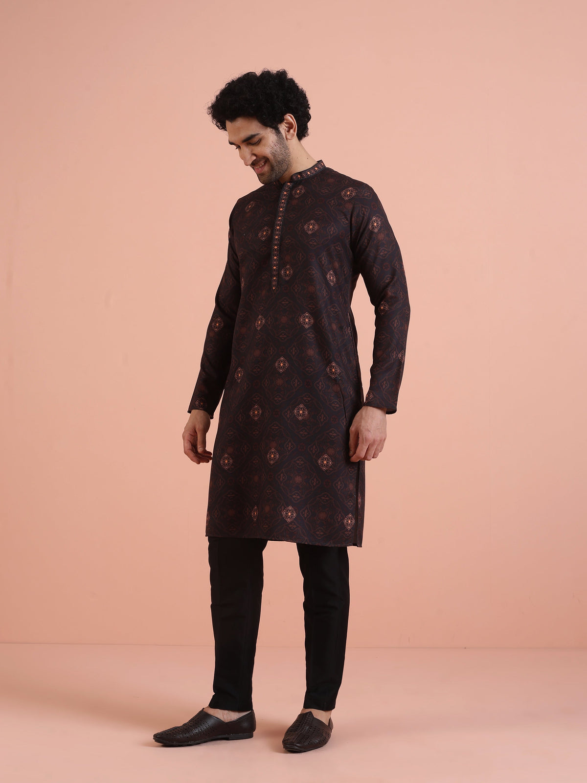 Men Black Printed Geometric Kurta