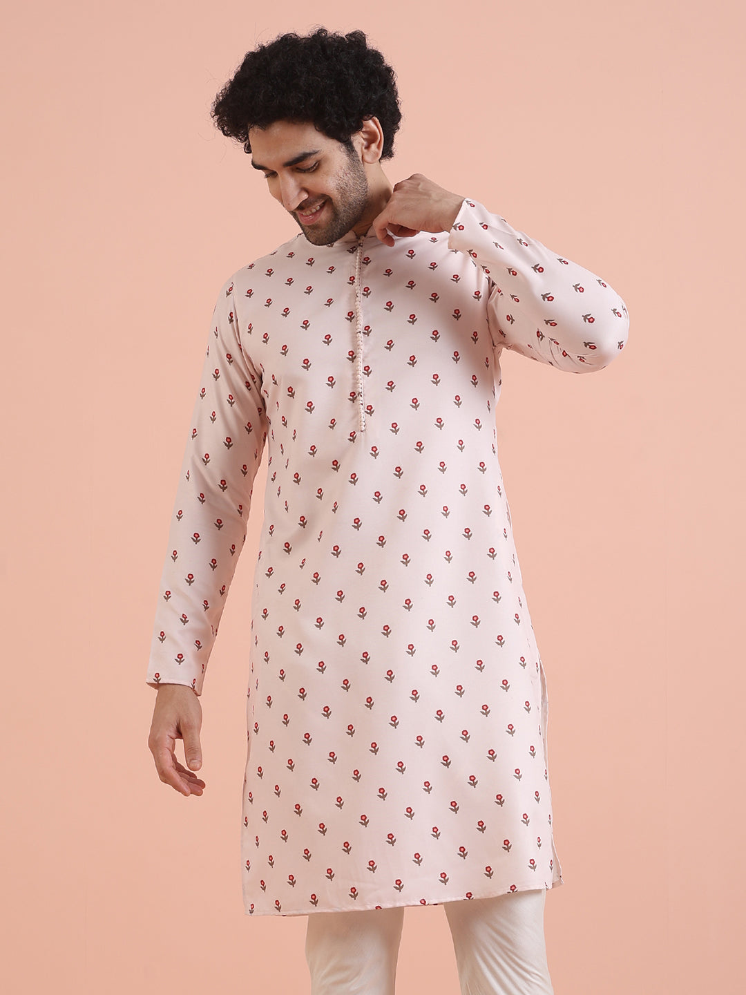 Men White Printed Floral Kurta