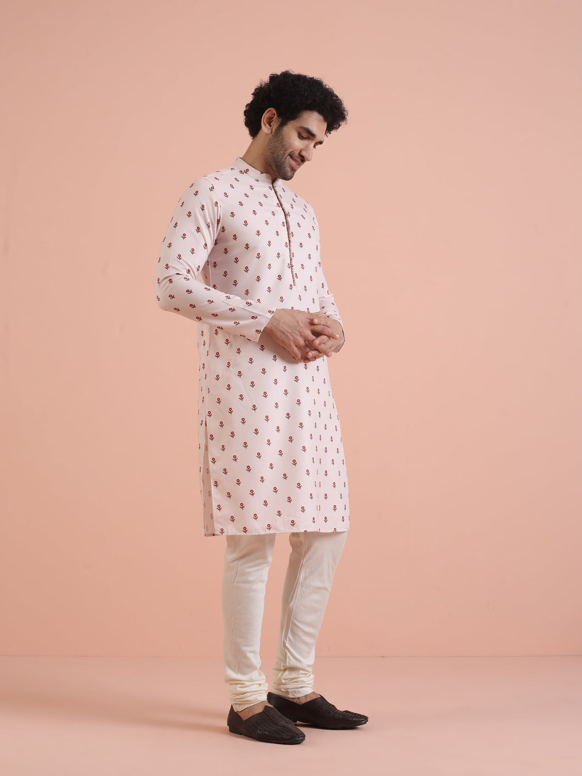 Men White Printed Floral Kurta