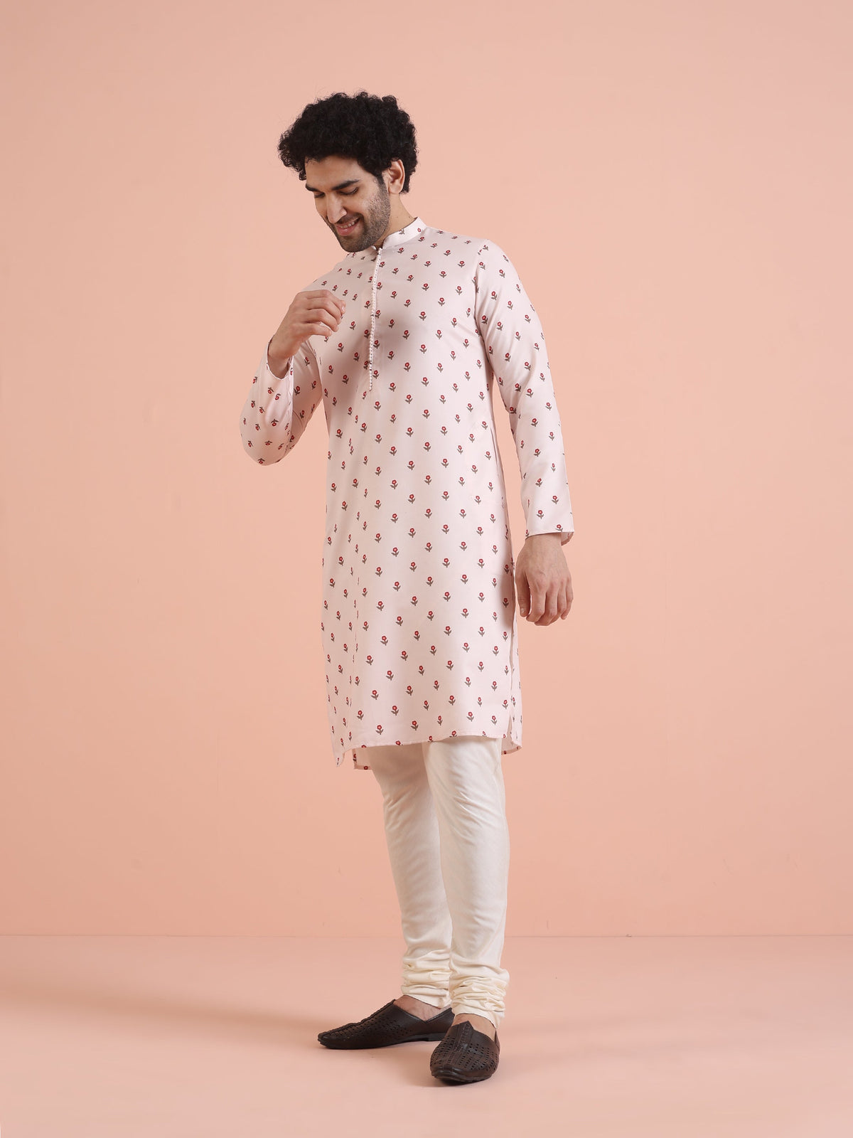 Men White Printed Floral Kurta