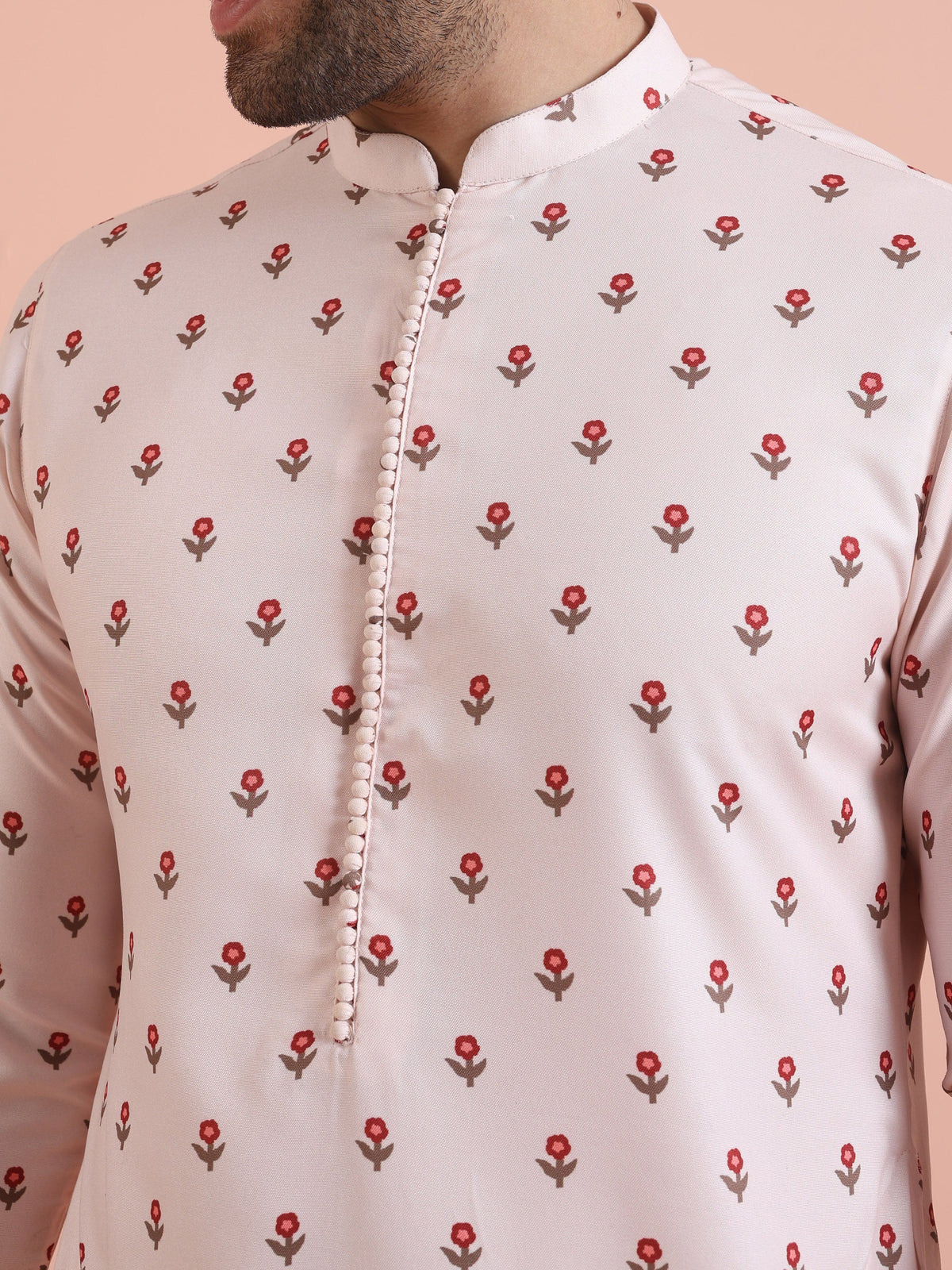 Men White Printed Floral Kurta