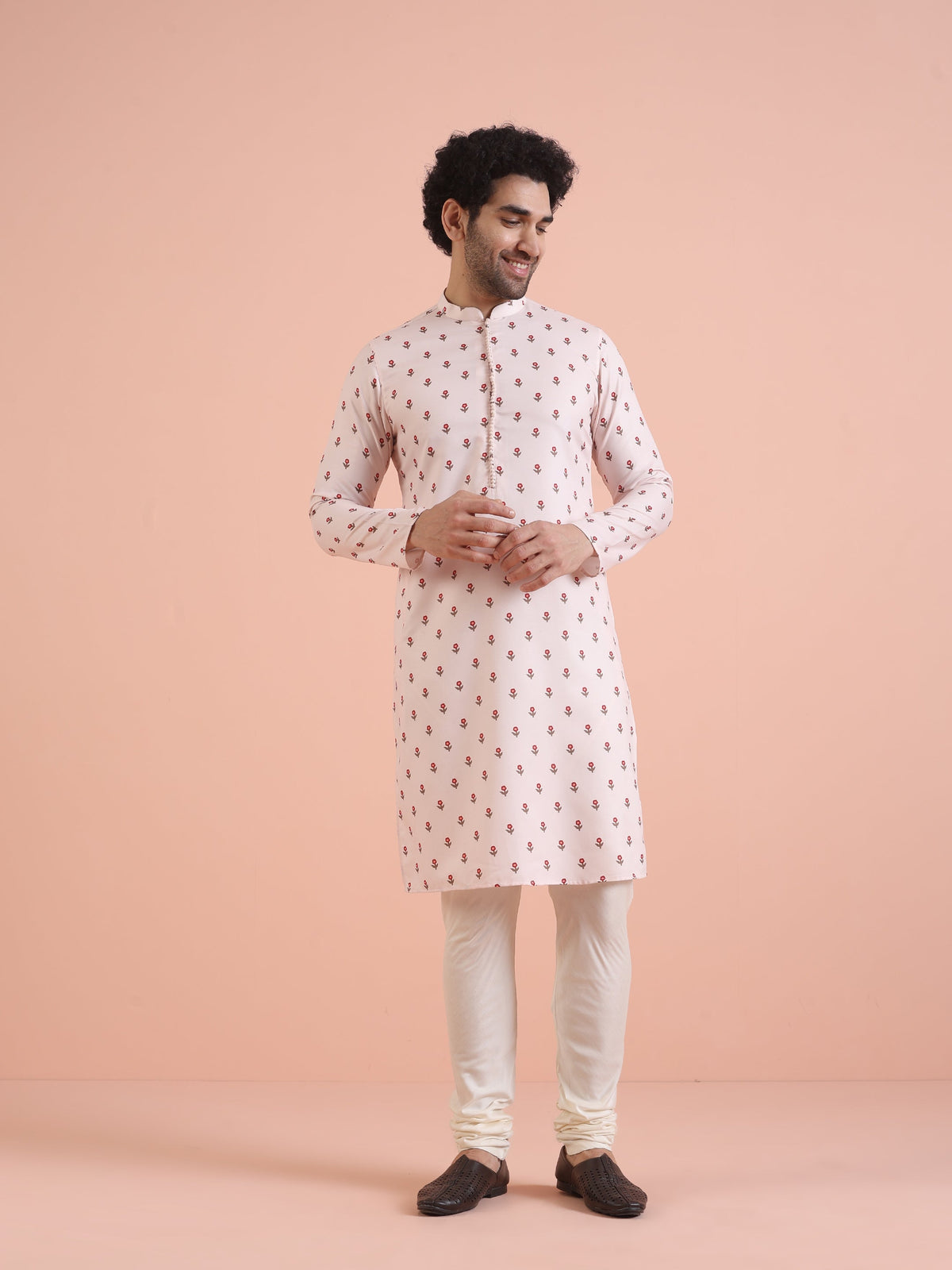 Men White Printed Floral Kurta
