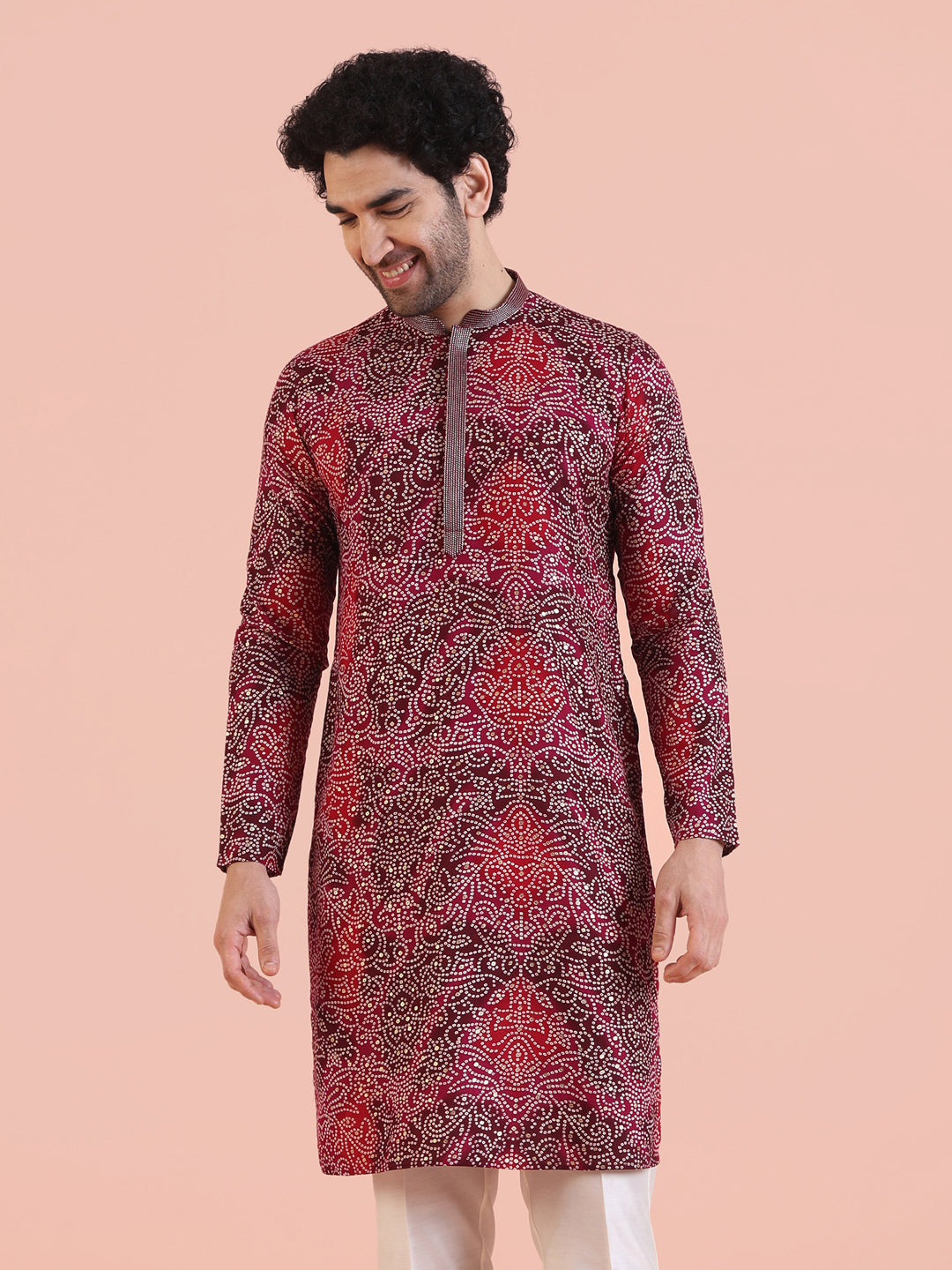 Red Cotton Silk Printed Kurta