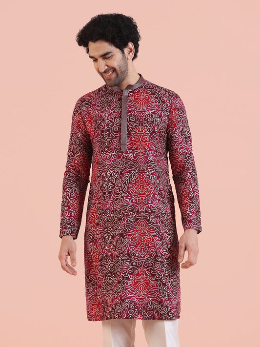 Red Cotton Silk Printed Kurta