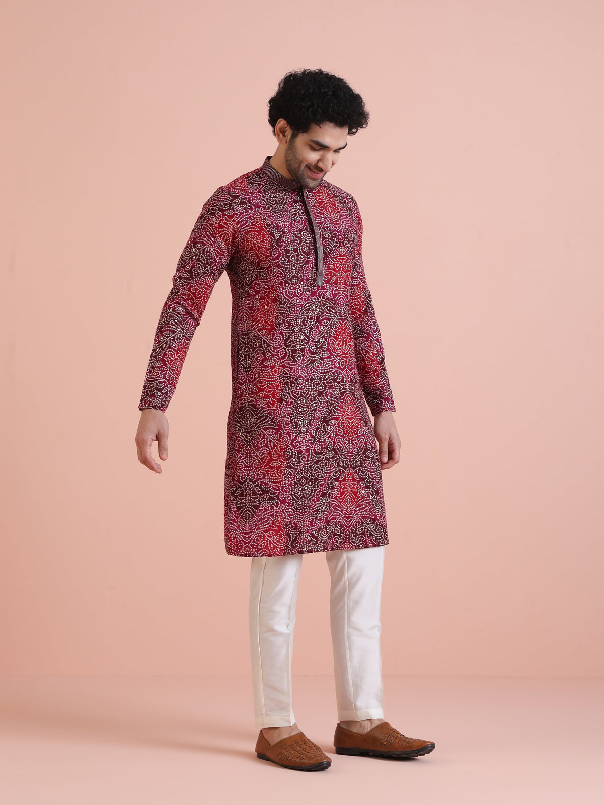 Red Cotton Silk Printed Kurta