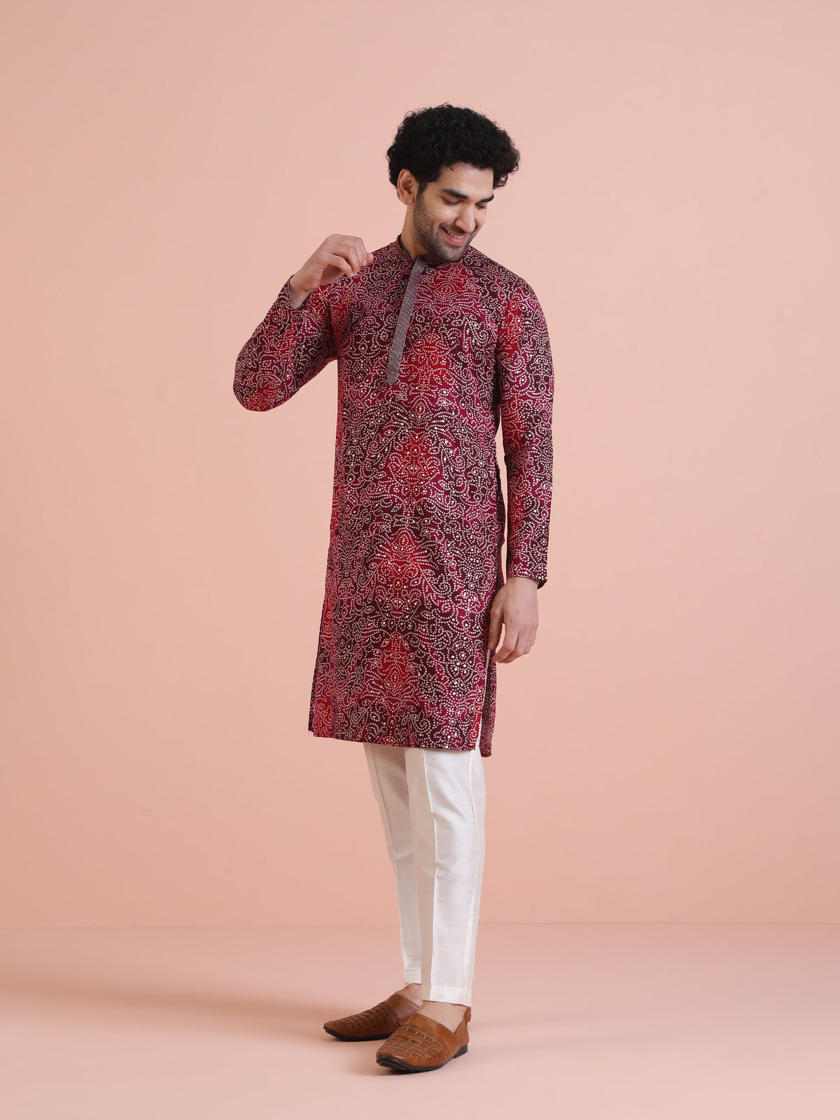 Red Cotton Silk Printed Kurta