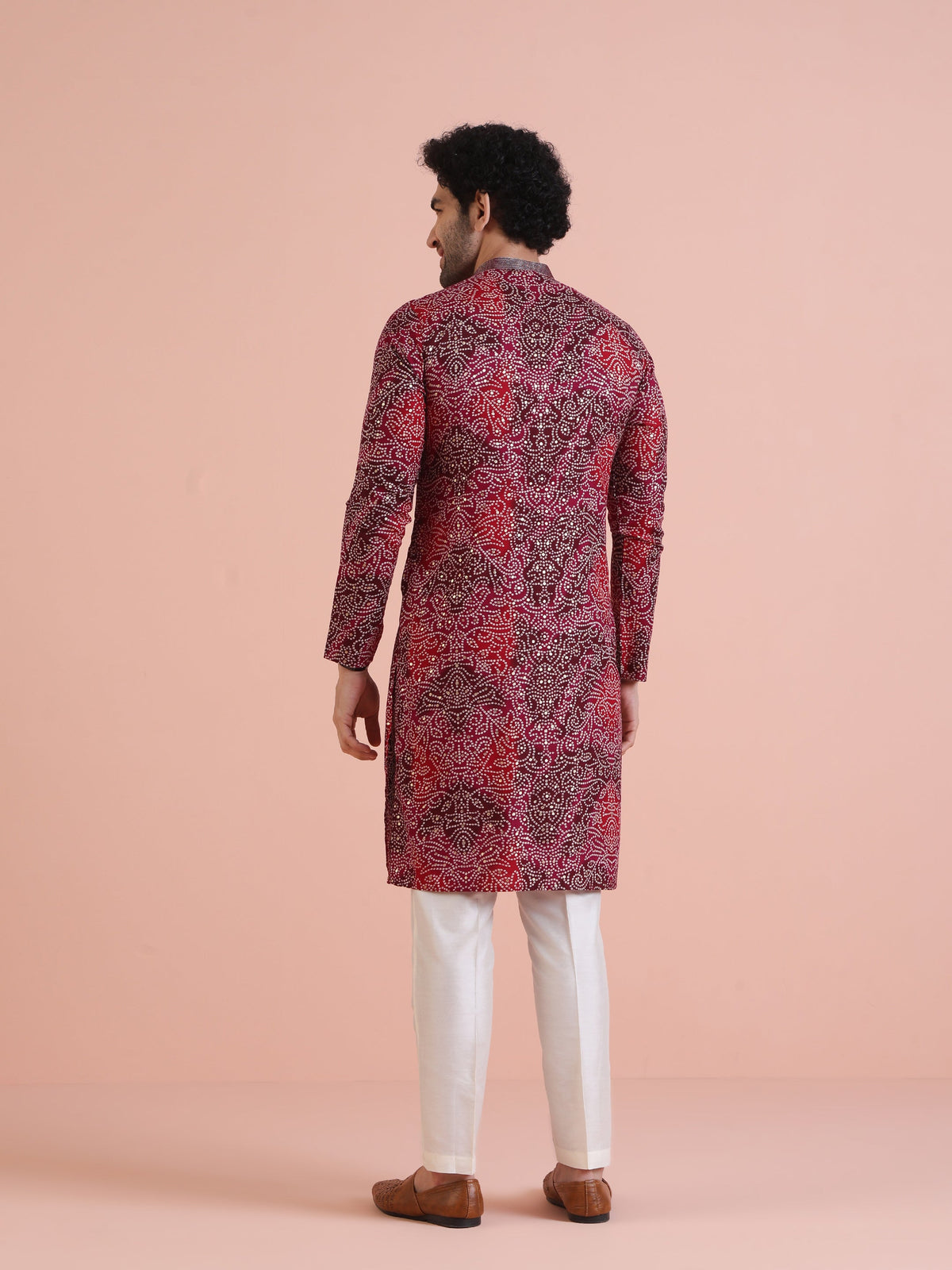 Red Cotton Silk Printed Kurta