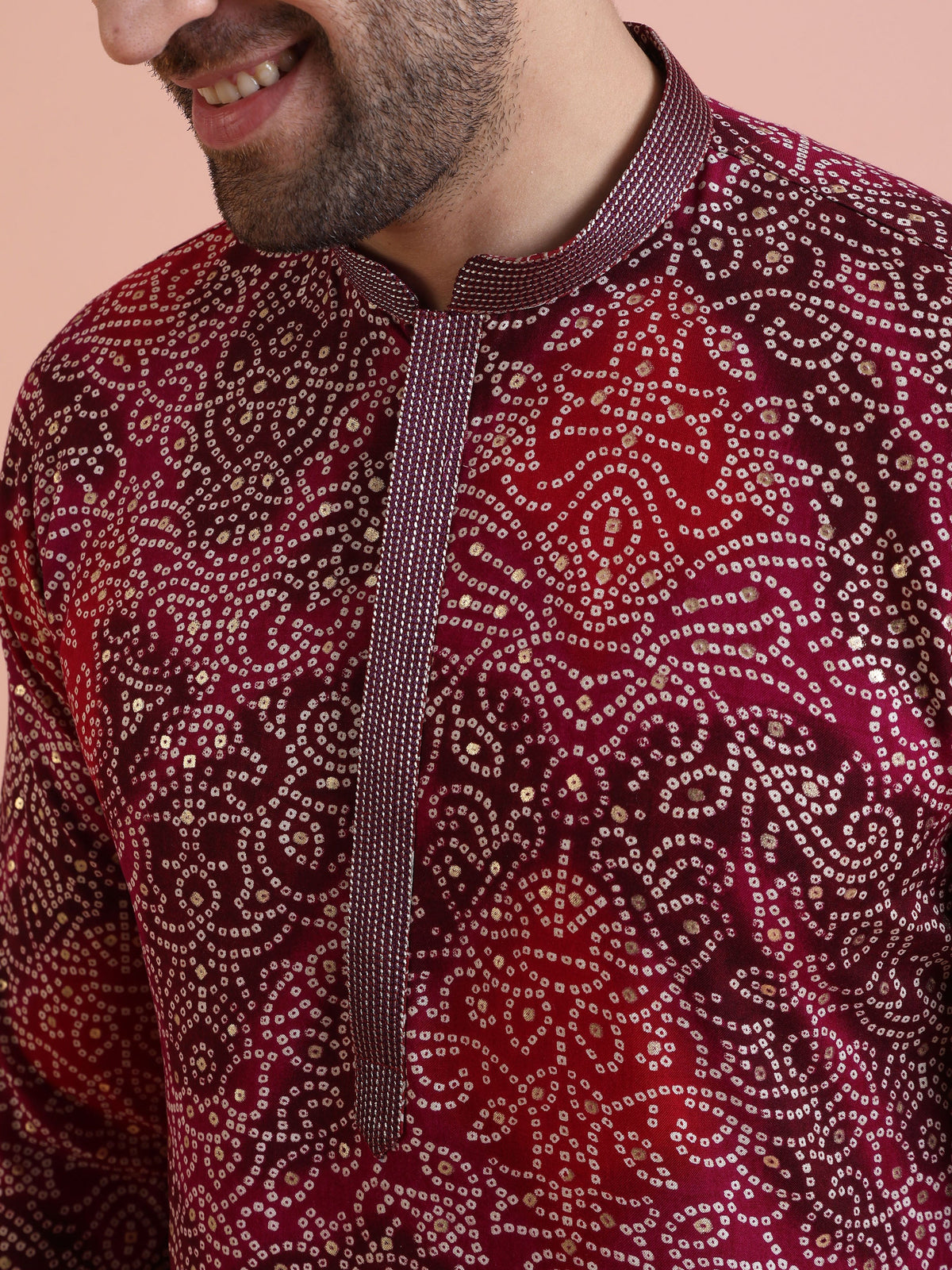 Red Cotton Silk Printed Kurta
