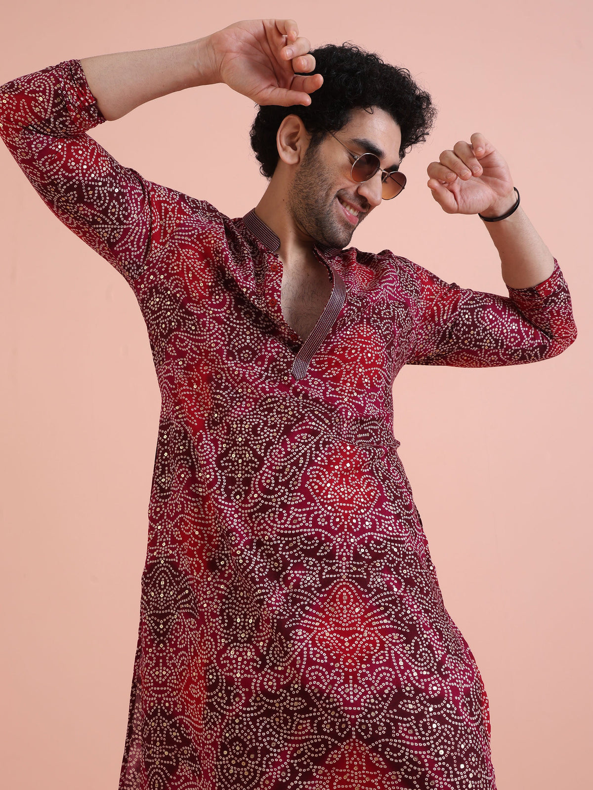 Red Cotton Silk Printed Kurta
