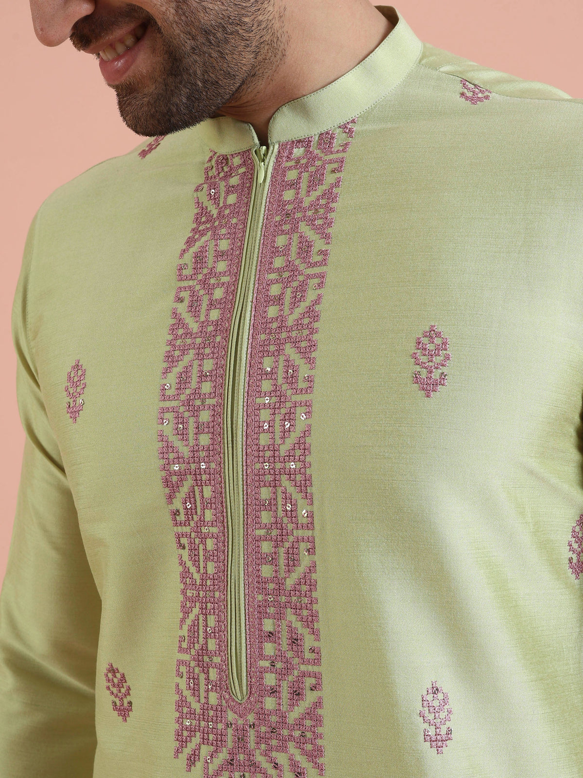 Men Green Embroidered Ethnic Motifs Kurta