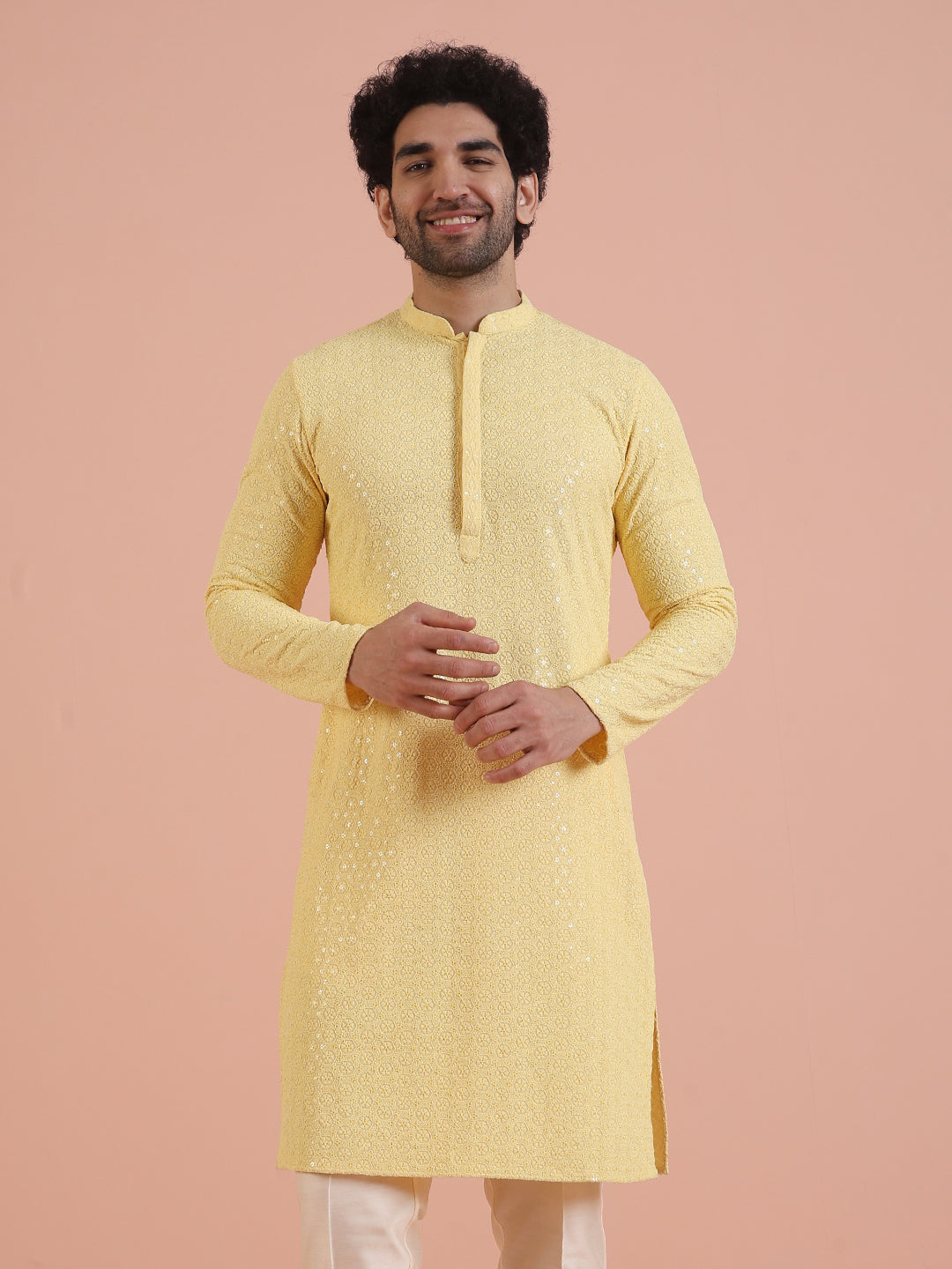 Men Yellow Embroidered Thread Work Kurta