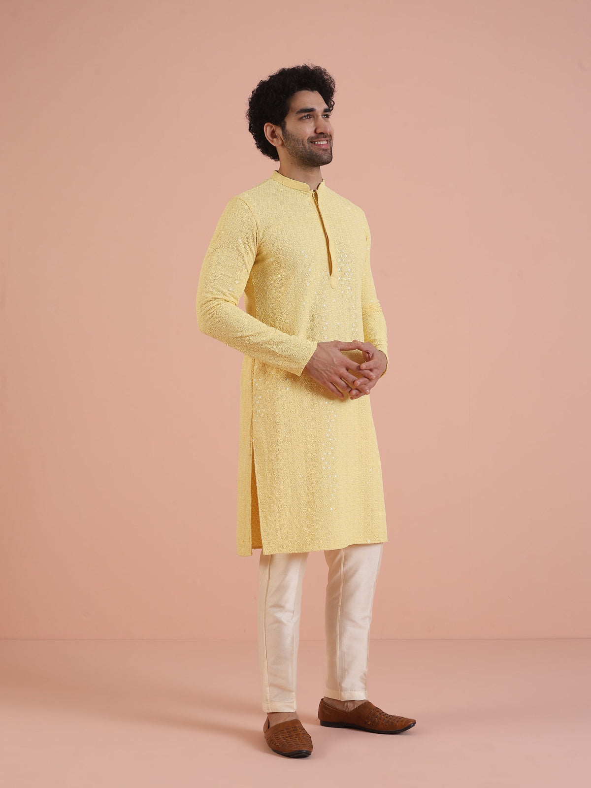 Men Yellow Embroidered Thread Work Kurta
