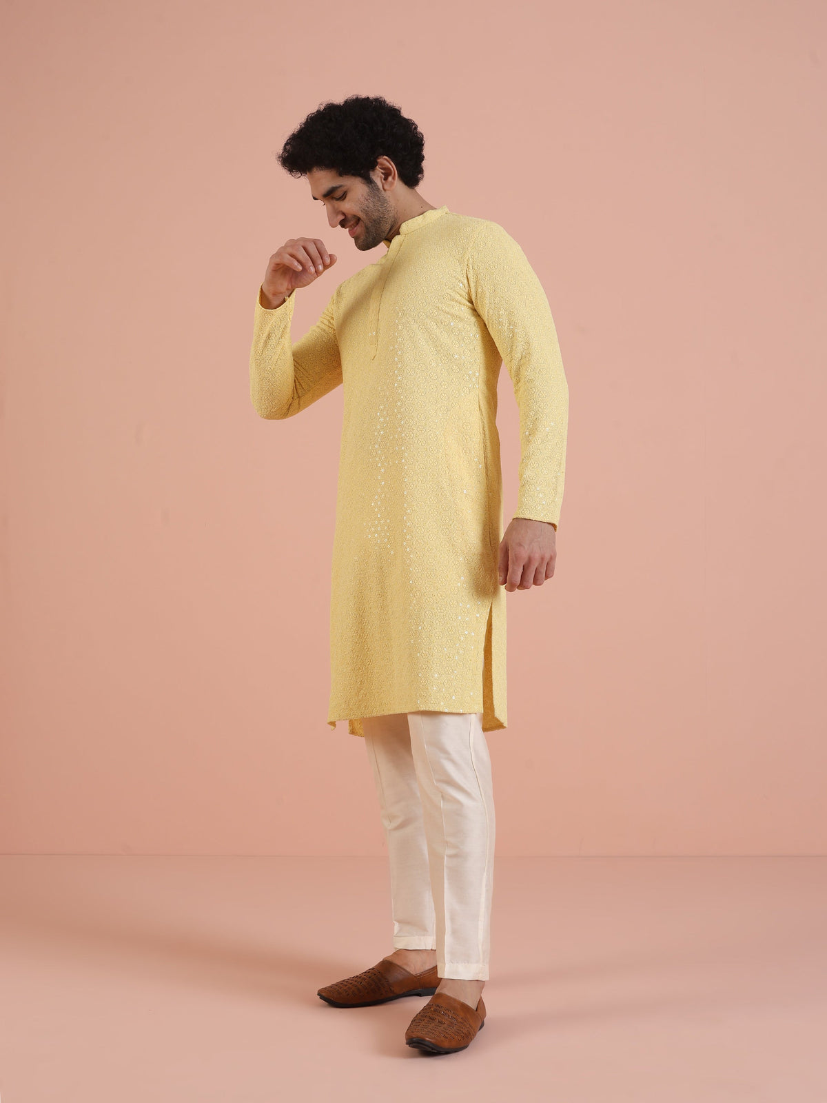 Men Yellow Embroidered Thread Work Kurta