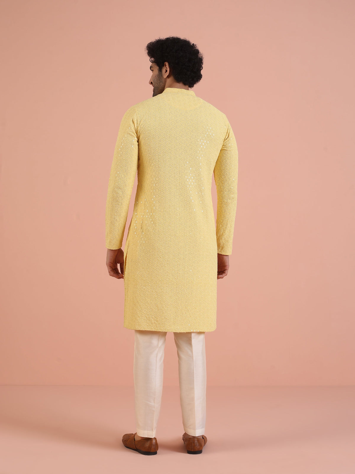 Men Yellow Embroidered Thread Work Kurta