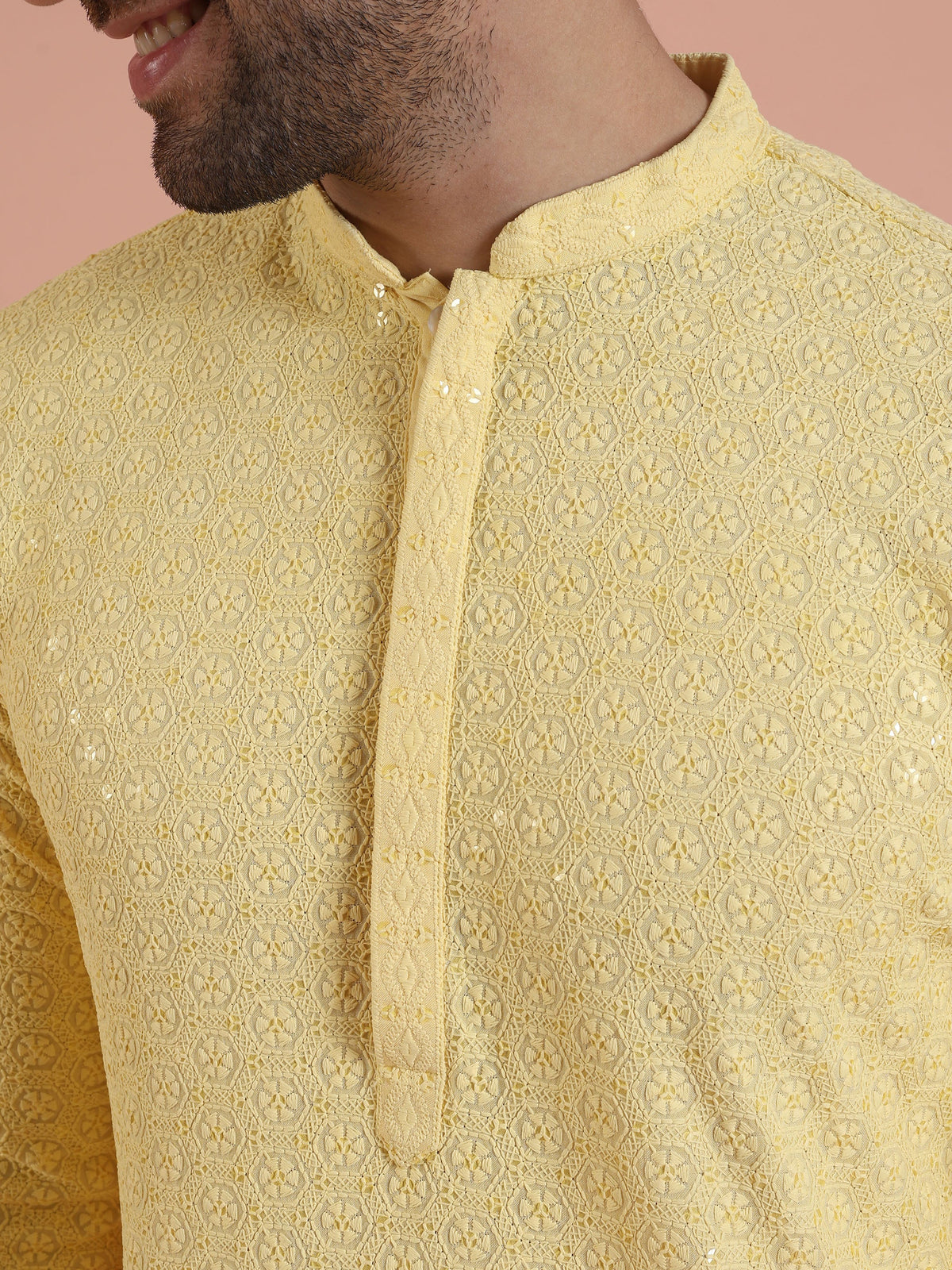 Men Yellow Embroidered Thread Work Kurta