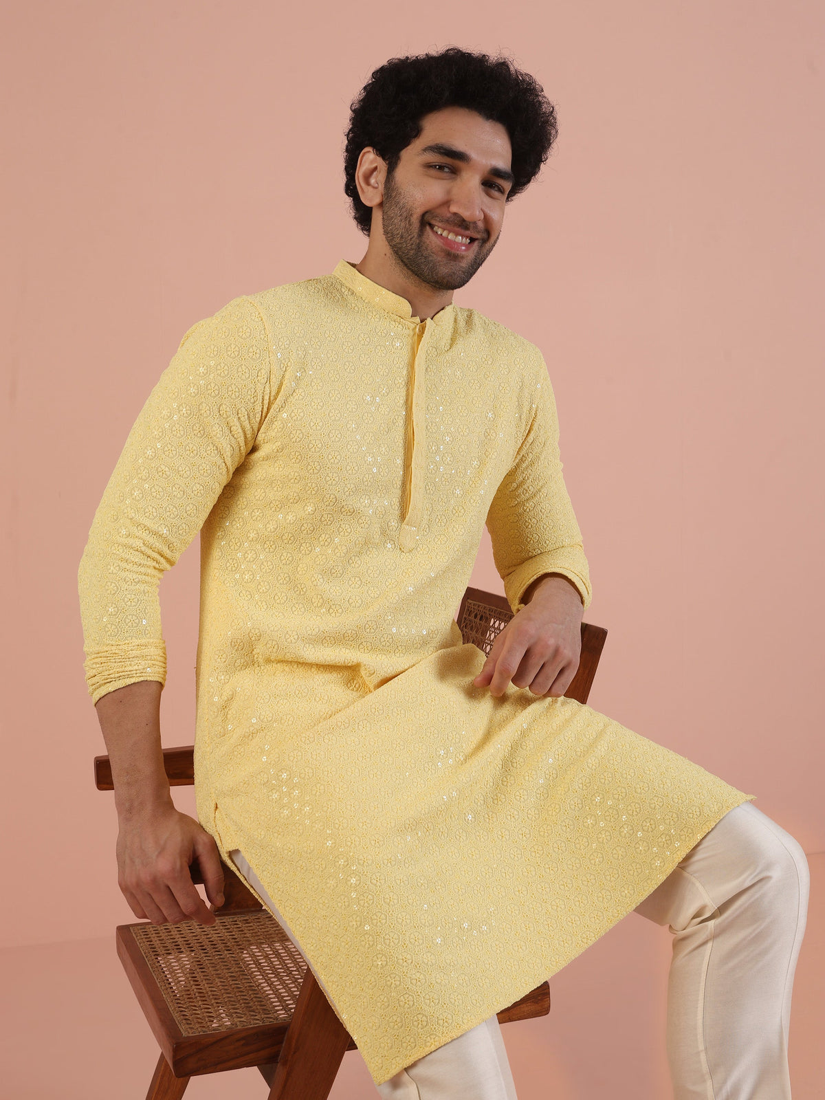 Men Yellow Embroidered Thread Work Kurta