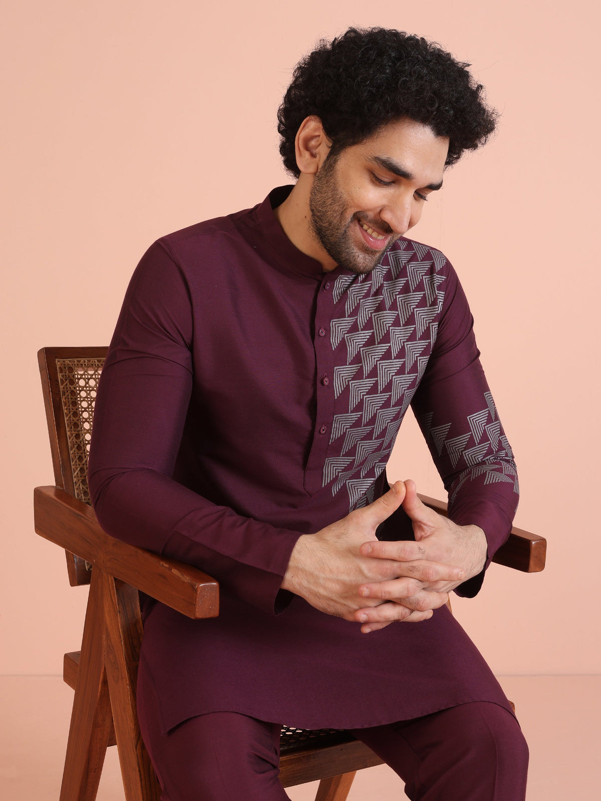 Men Wine Printed Geometric Kurta