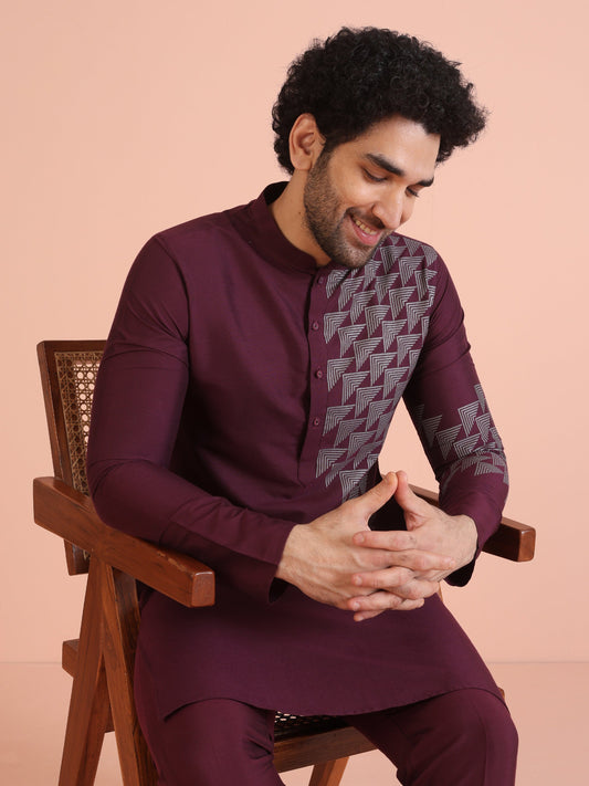 Men Wine Printed Geometric Kurta