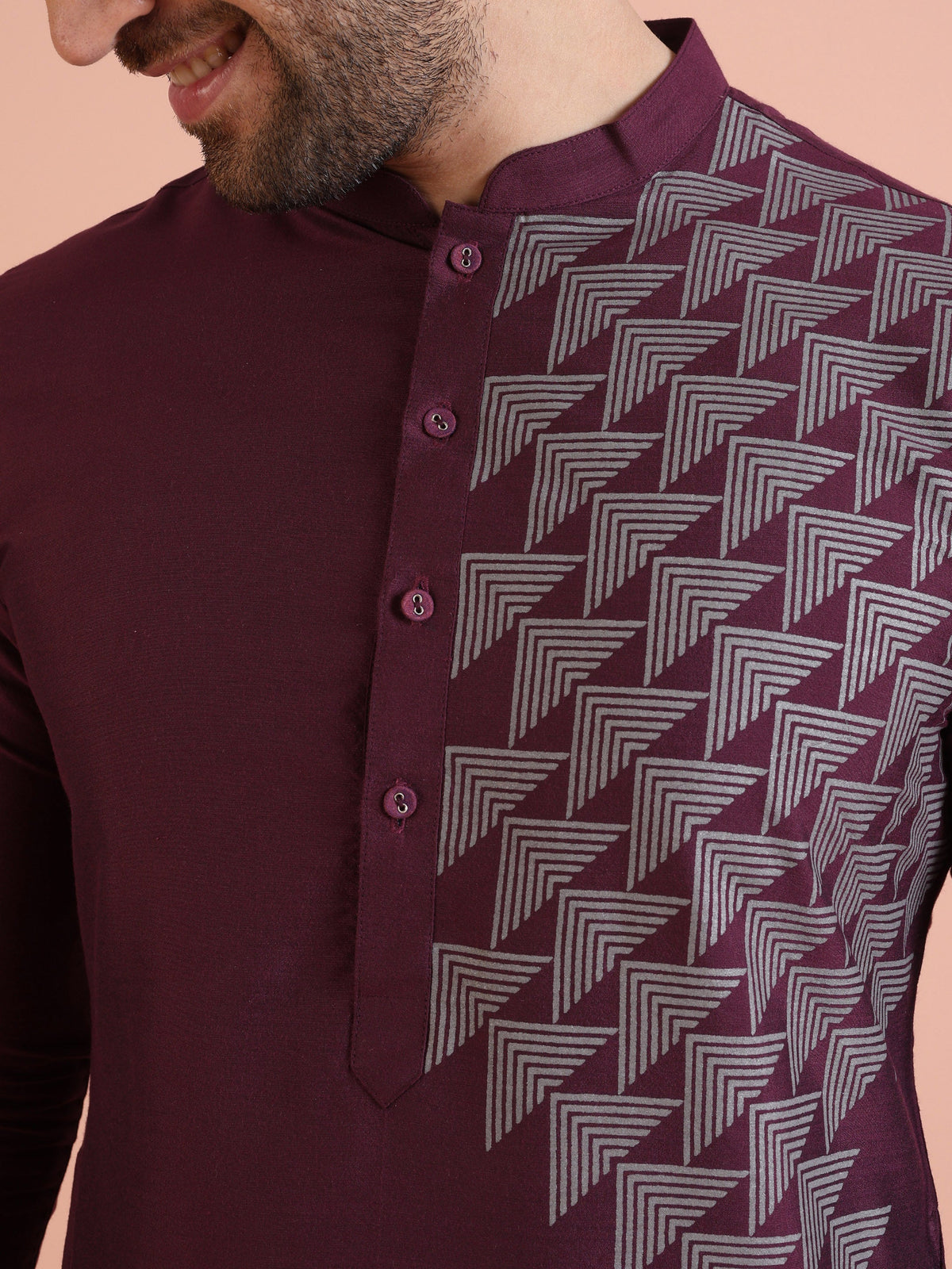 Men Wine Printed Geometric Kurta