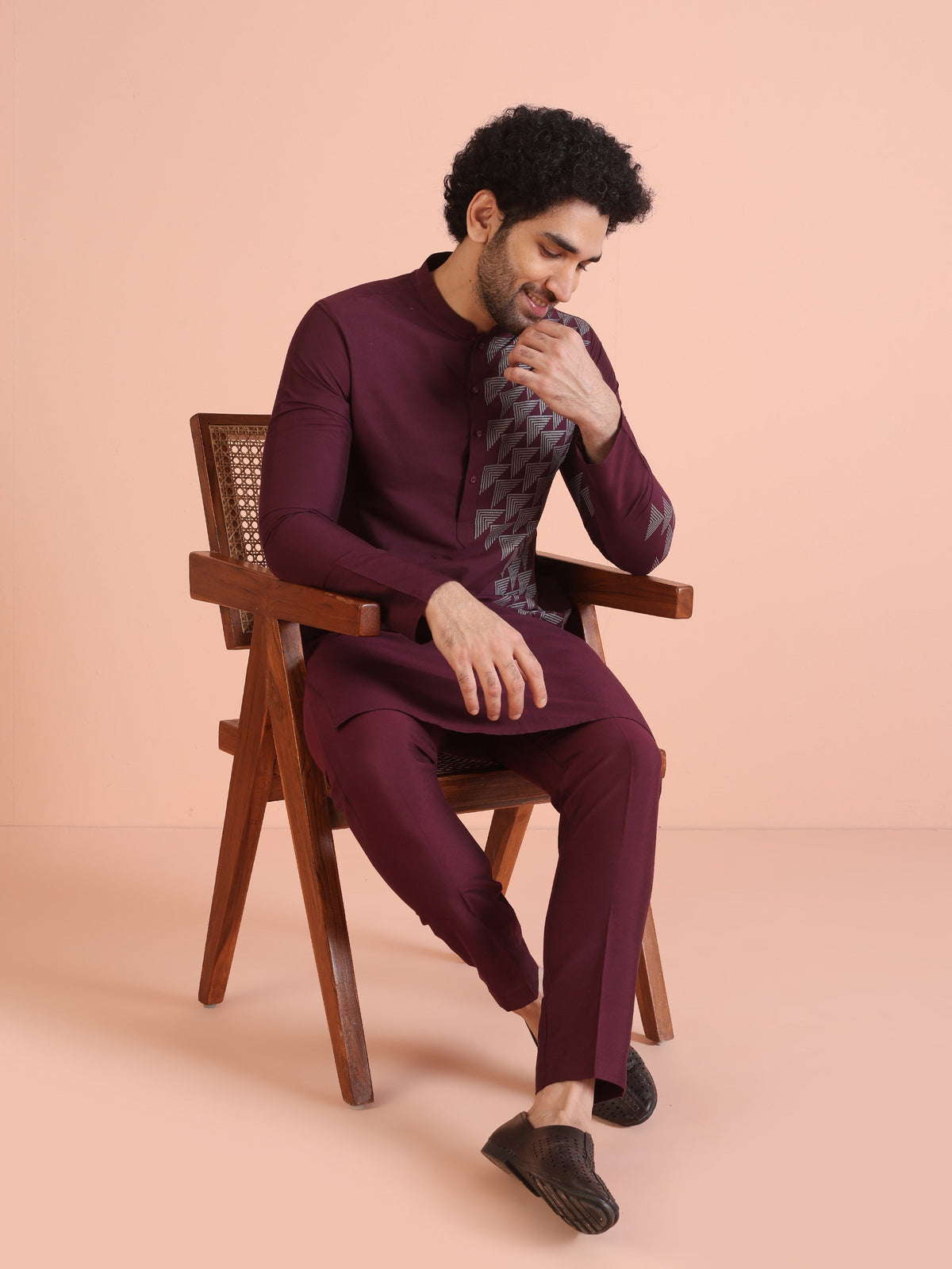 Men Wine Printed Geometric Kurta