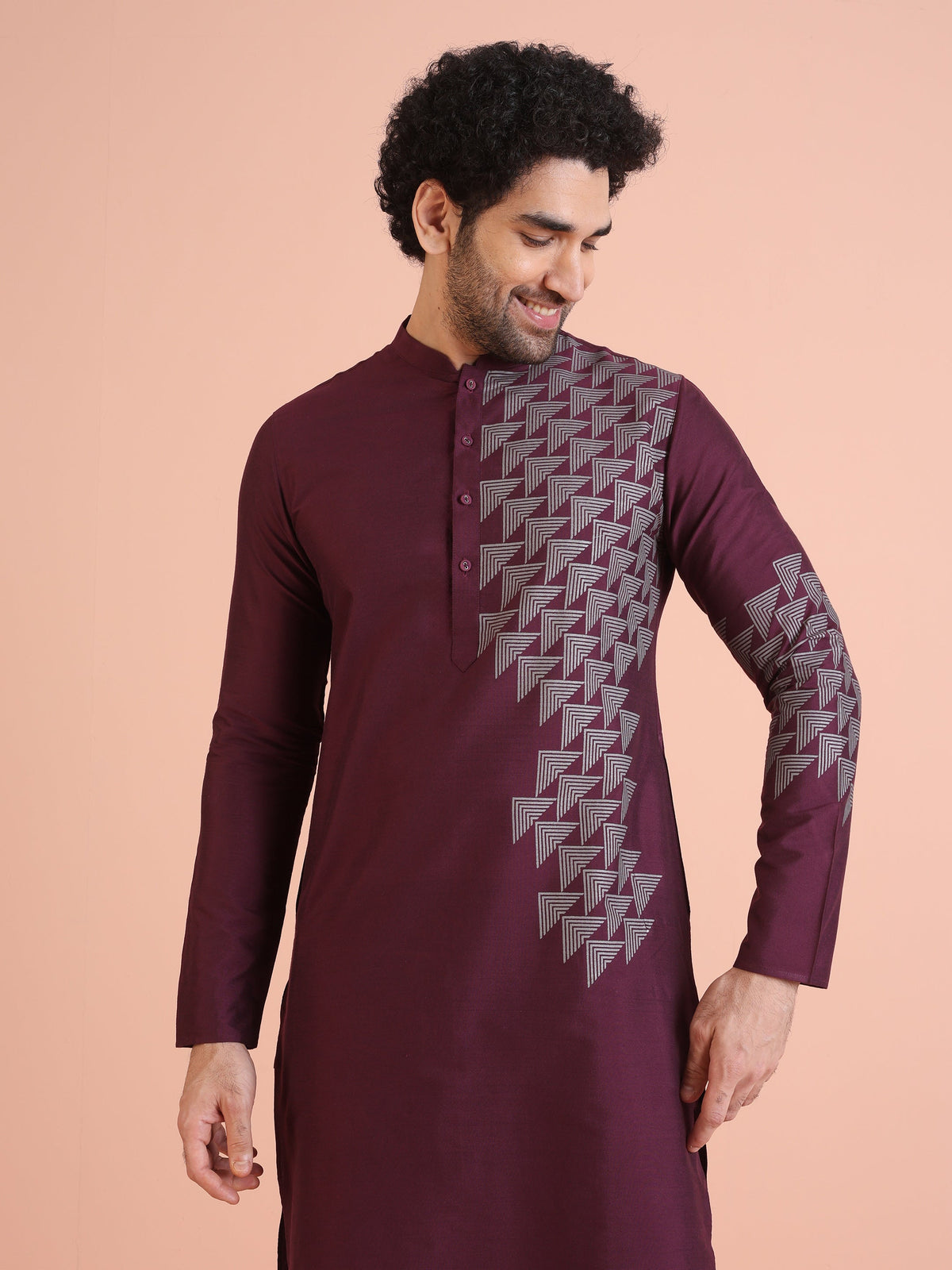 Men Wine Printed Geometric Kurta