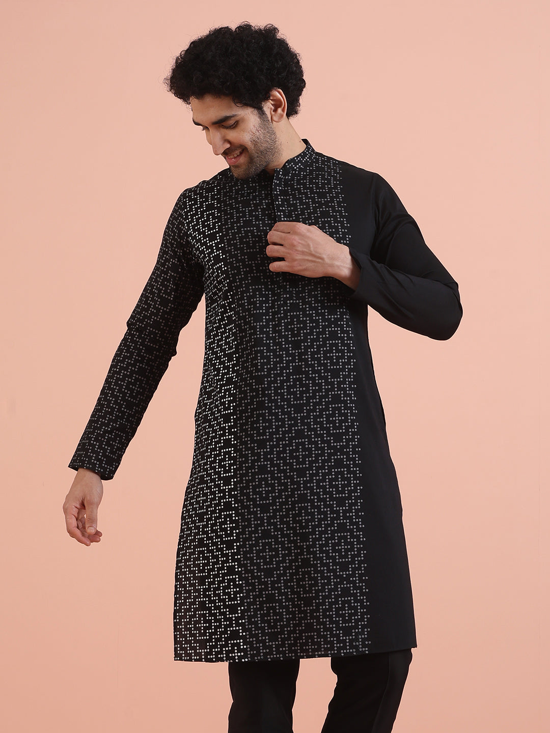 Men Black Printed Geometric Kurta