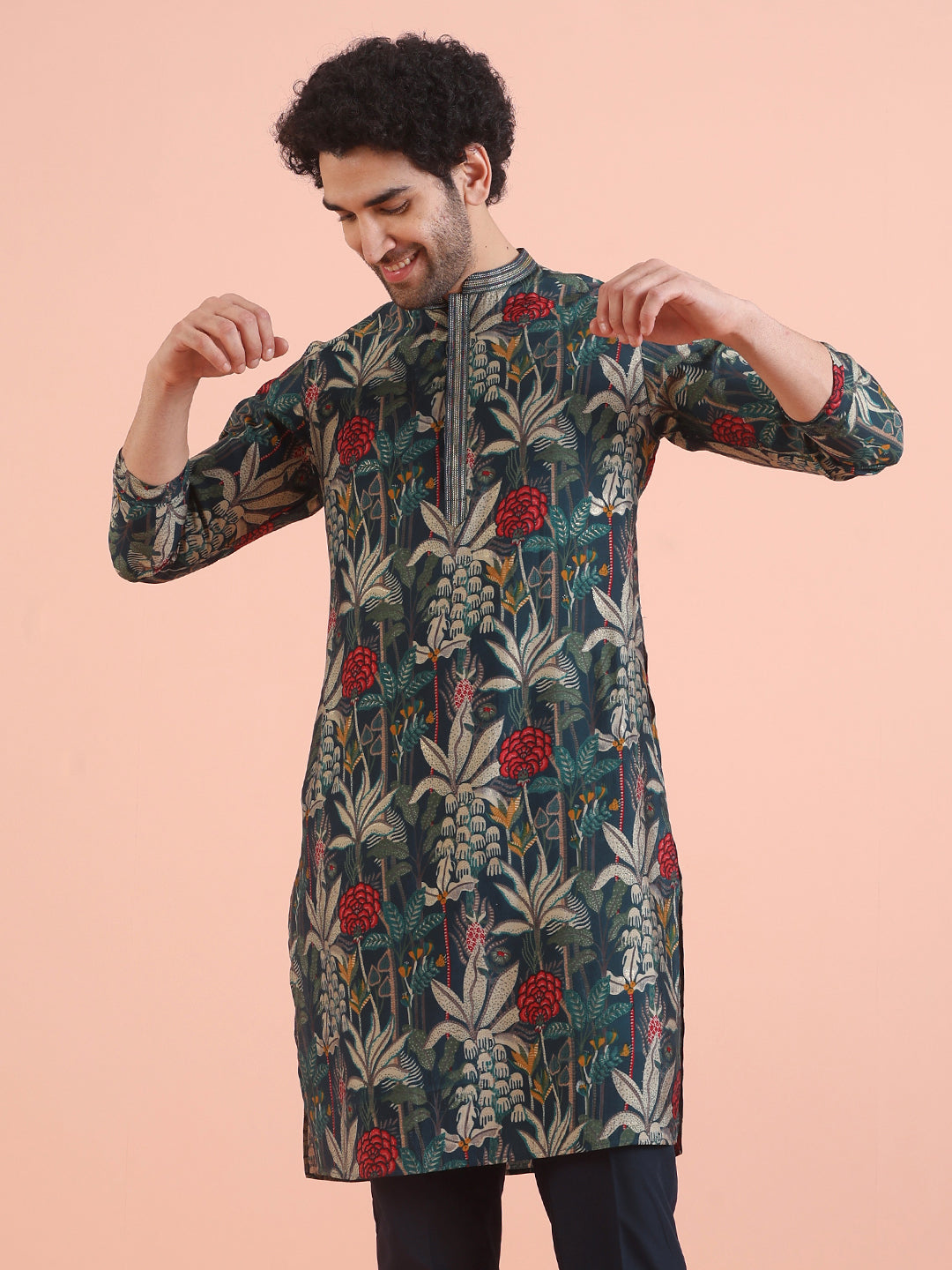 Multicolor Botanical Printed Silk Blend Kurta