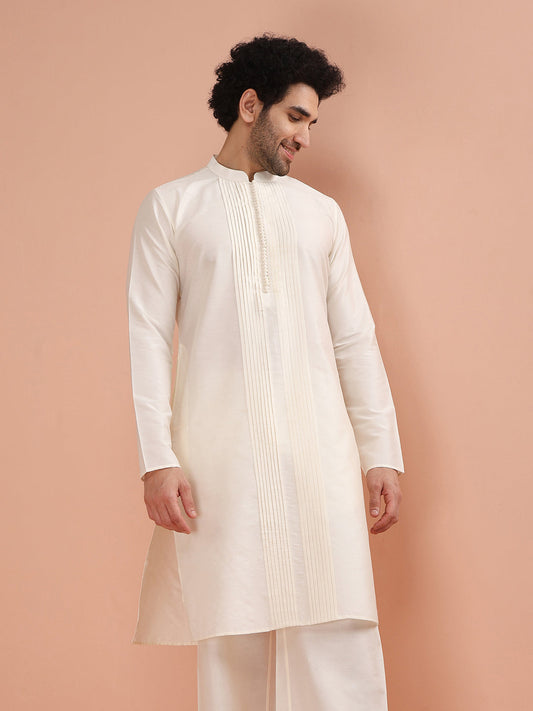 Cream Silk Blend Pintuck Solid Kurta
