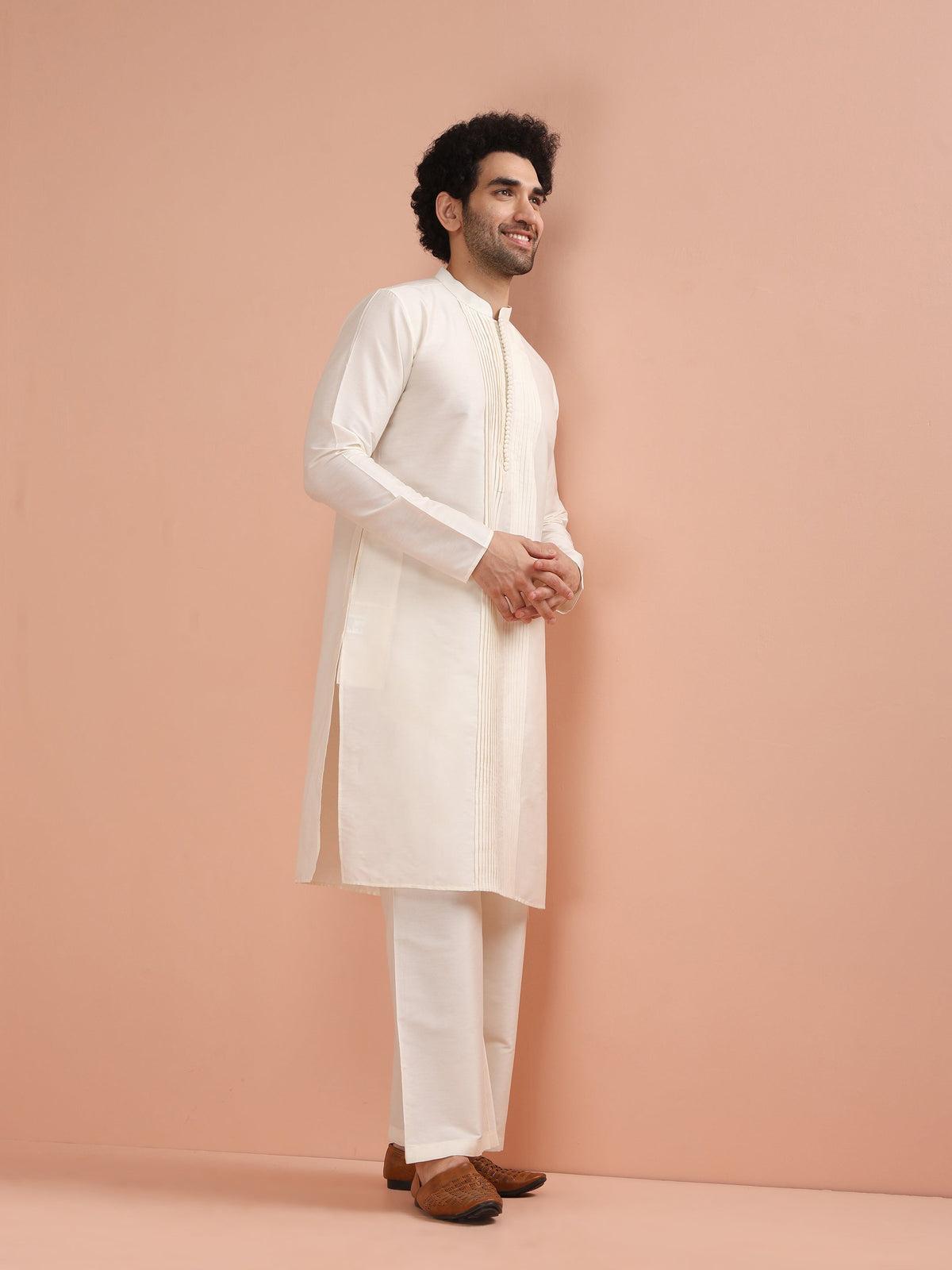 Cream Silk Blend Pintuck Solid Kurta