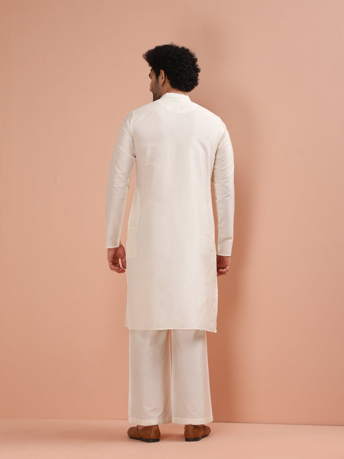 Cream Silk Blend Pintuck Solid Kurta