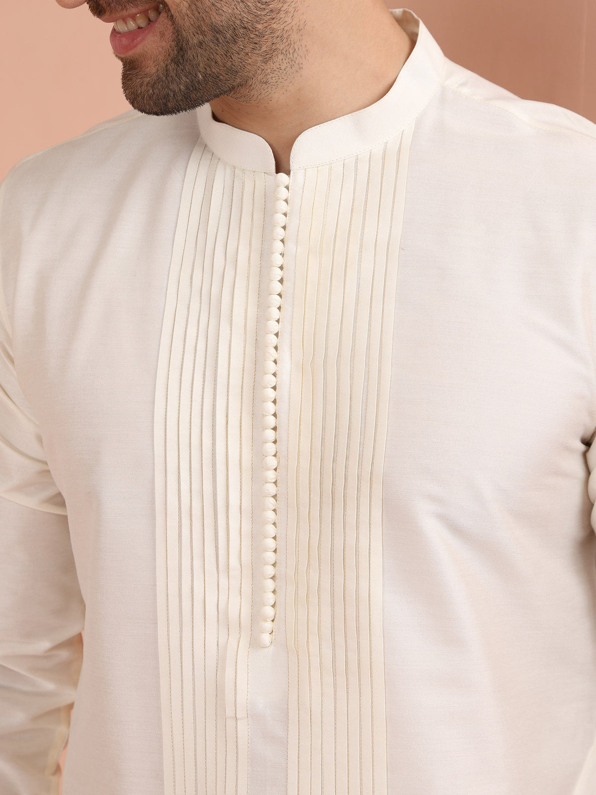 Cream Silk Blend Pintuck Solid Kurta