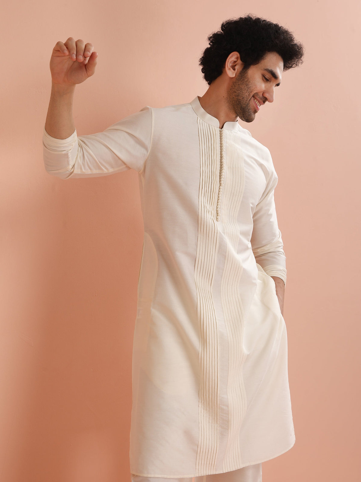 Cream Silk Blend Pintuck Solid Kurta