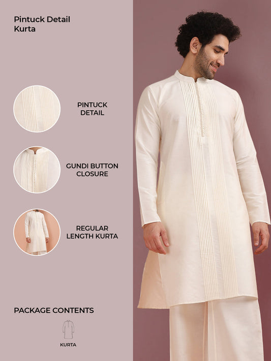 Cream Silk Blend Pintuck Solid Kurta