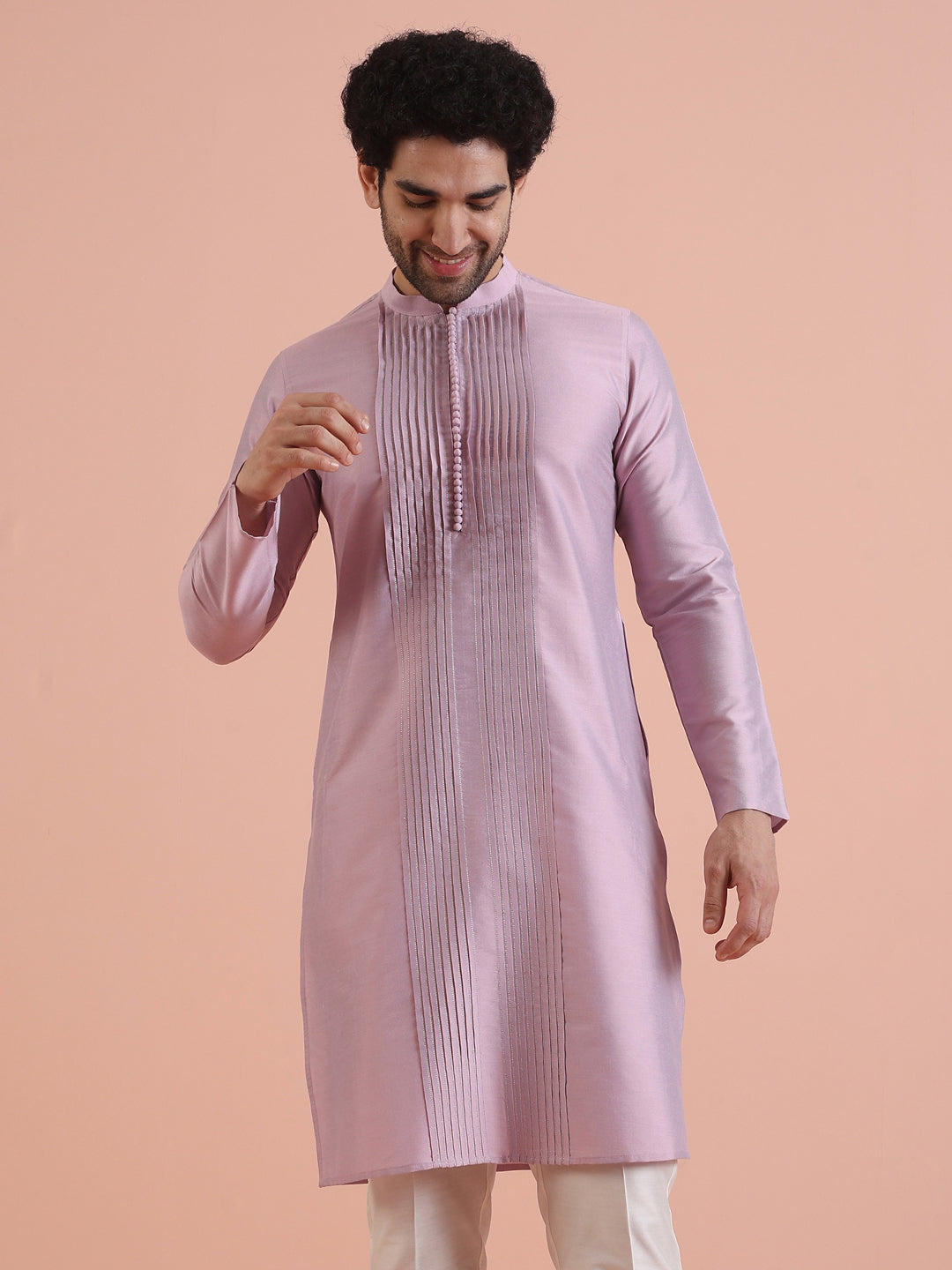 Men Onion pink Pleated Ethnic Motifs Kurta