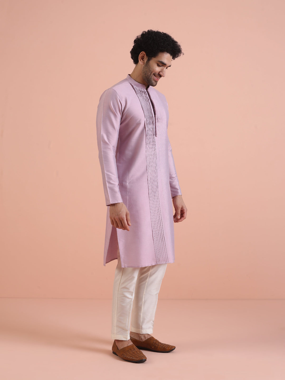 Men Onion pink Pleated Ethnic Motifs Kurta