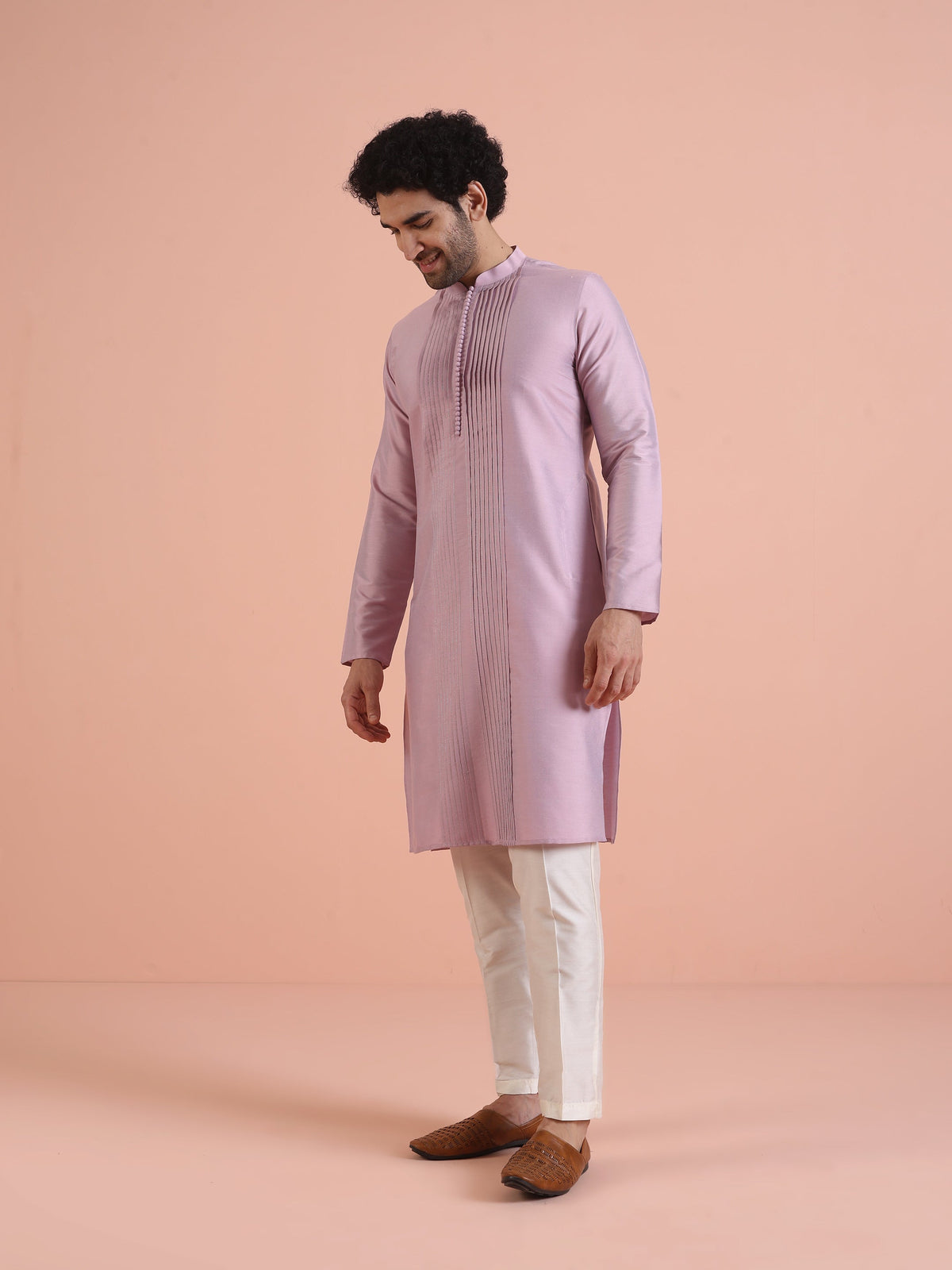Men Onion pink Pleated Ethnic Motifs Kurta