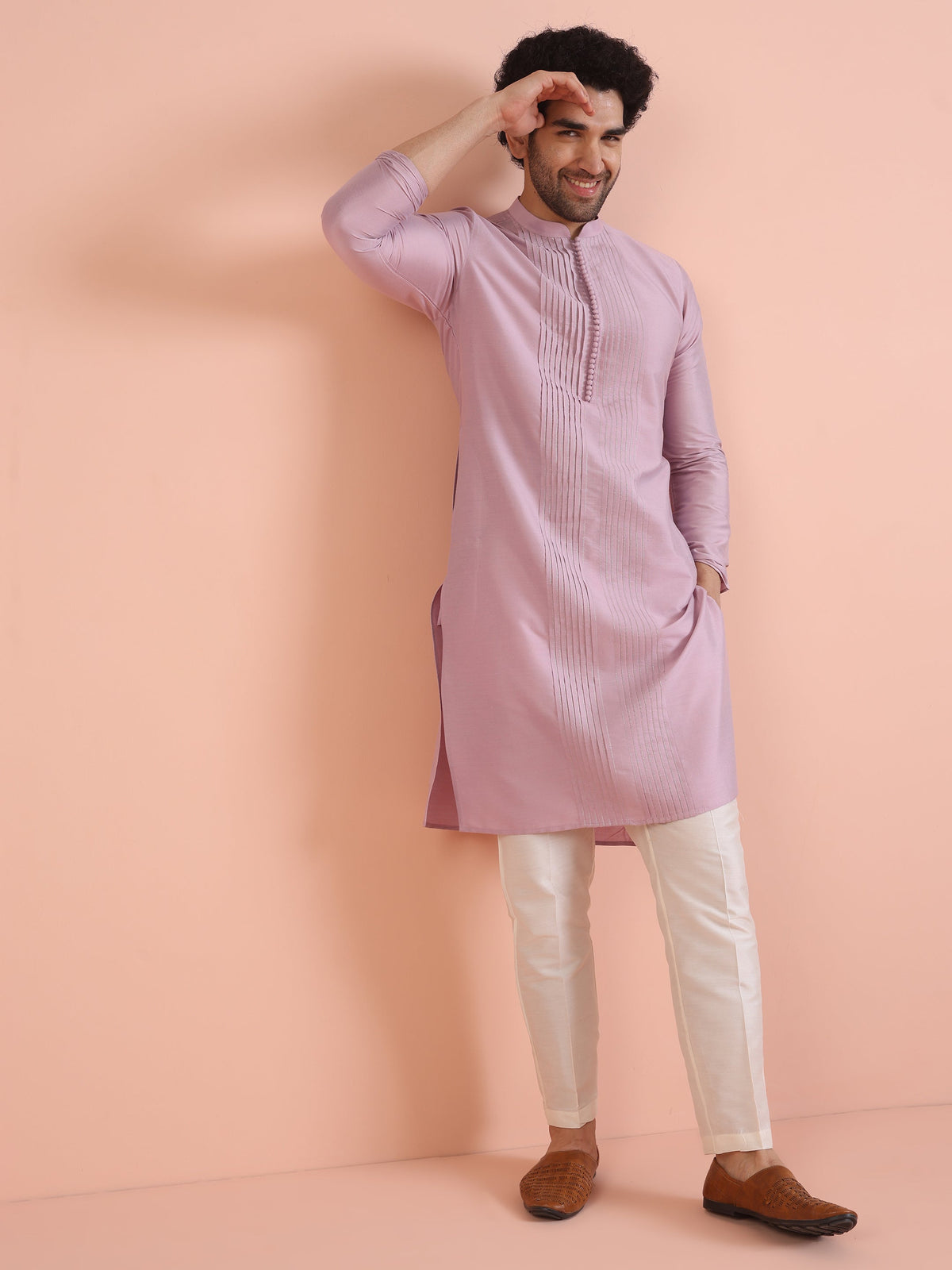 Men Onion pink Pleated Ethnic Motifs Kurta