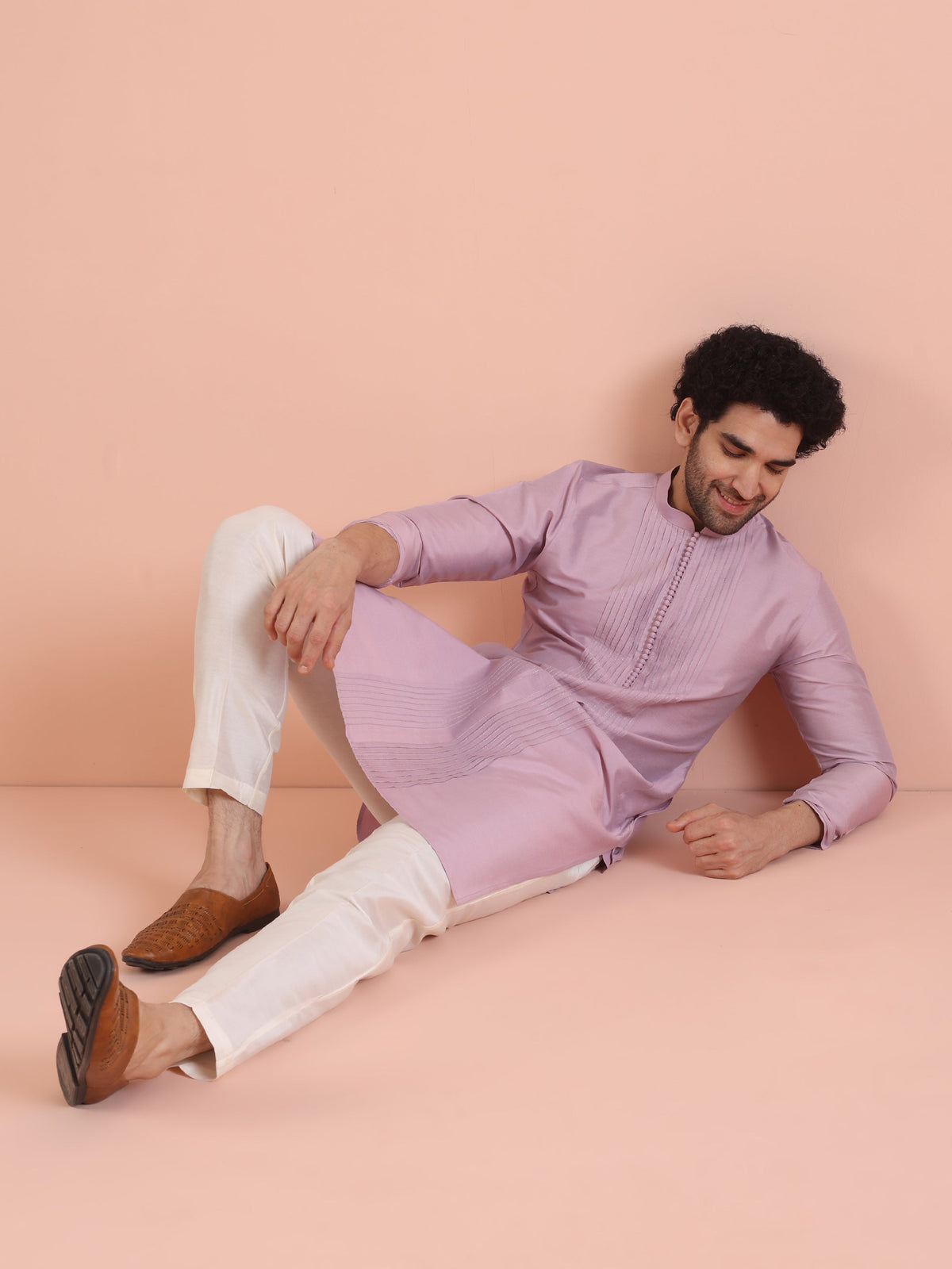 Men Onion pink Pleated Ethnic Motifs Kurta