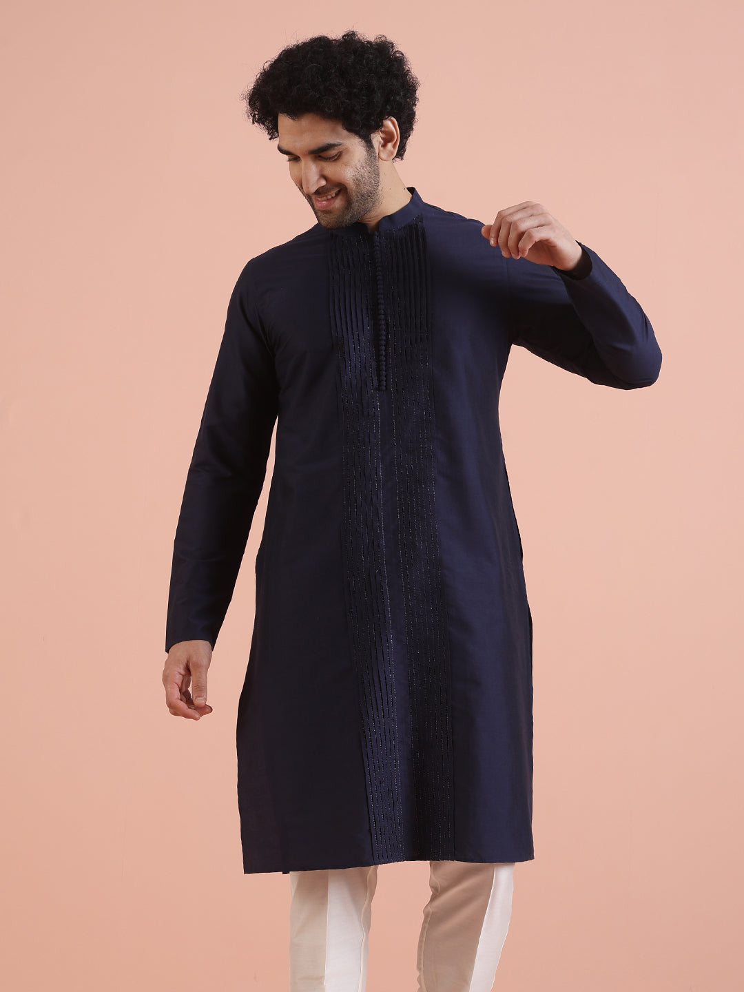 Men Navy Blue Pleated Ethnic Motifs Kurta