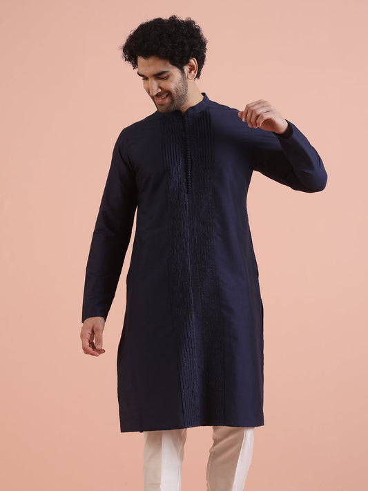 Men Navy Blue Pleated Ethnic Motifs Kurta