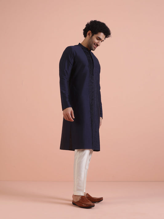Men Navy Blue Pleated Ethnic Motifs Kurta