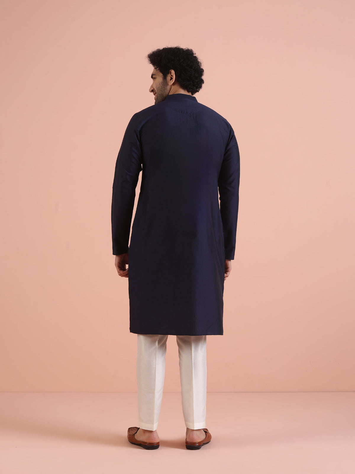 Men Navy Blue Pleated Ethnic Motifs Kurta