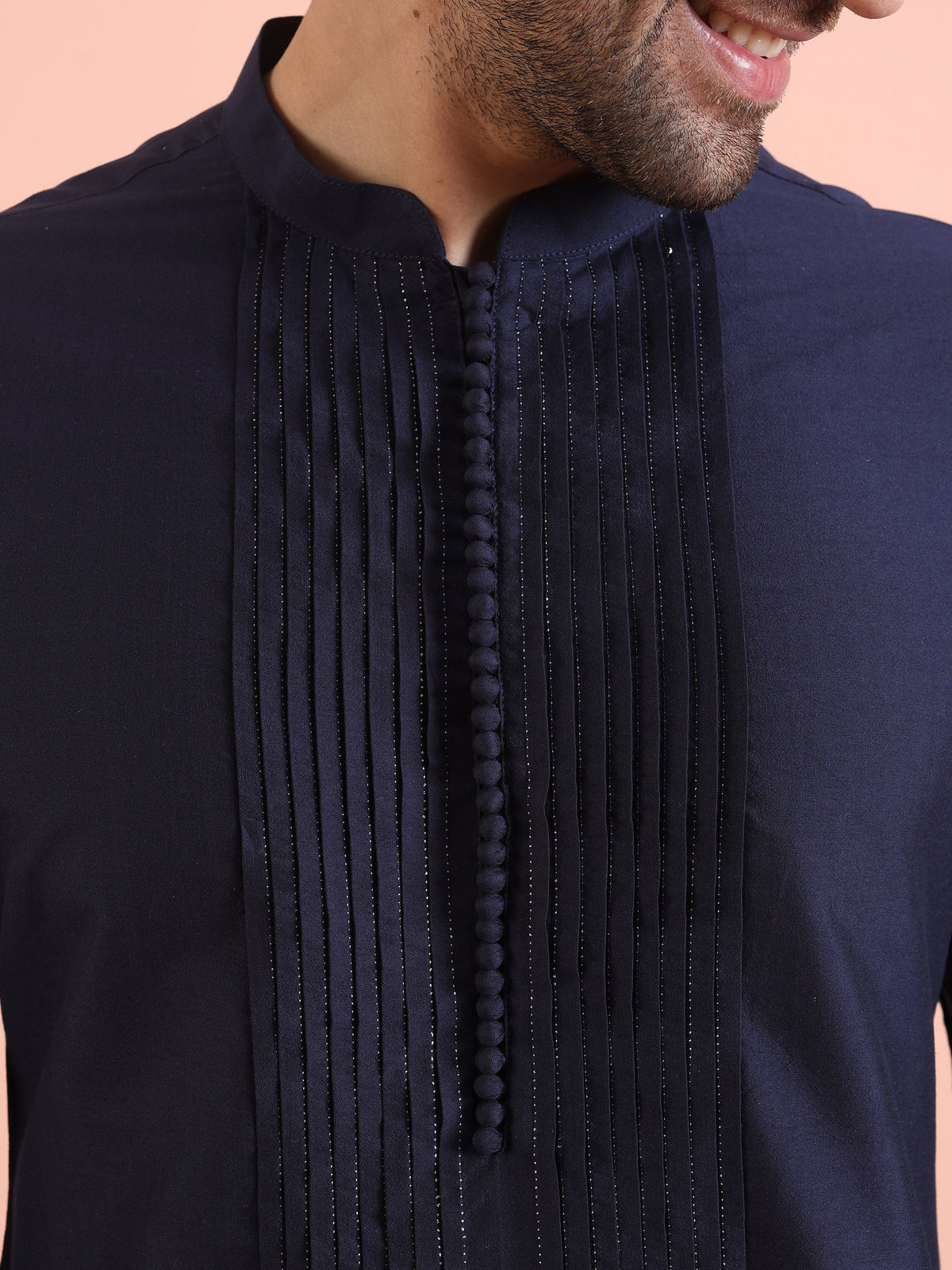 Men Navy Blue Pleated Ethnic Motifs Kurta