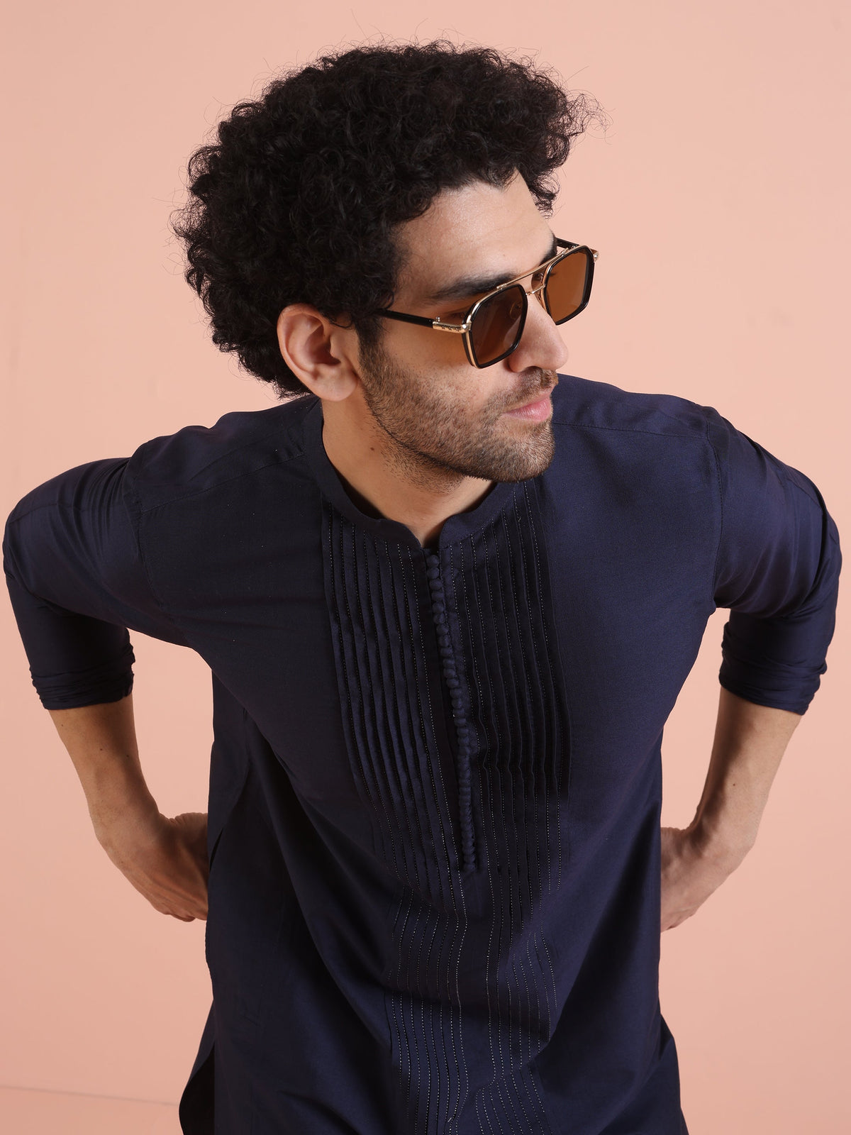 Men Navy Blue Pleated Ethnic Motifs Kurta