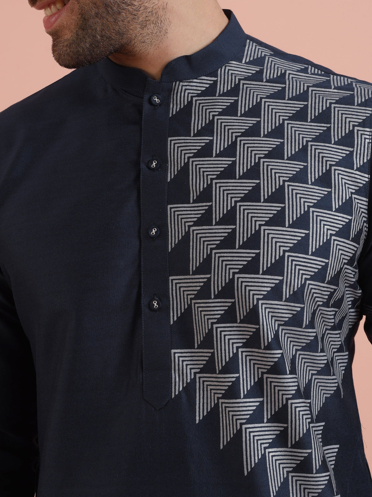 Men Navy Blue Printed Geometric Kurta
