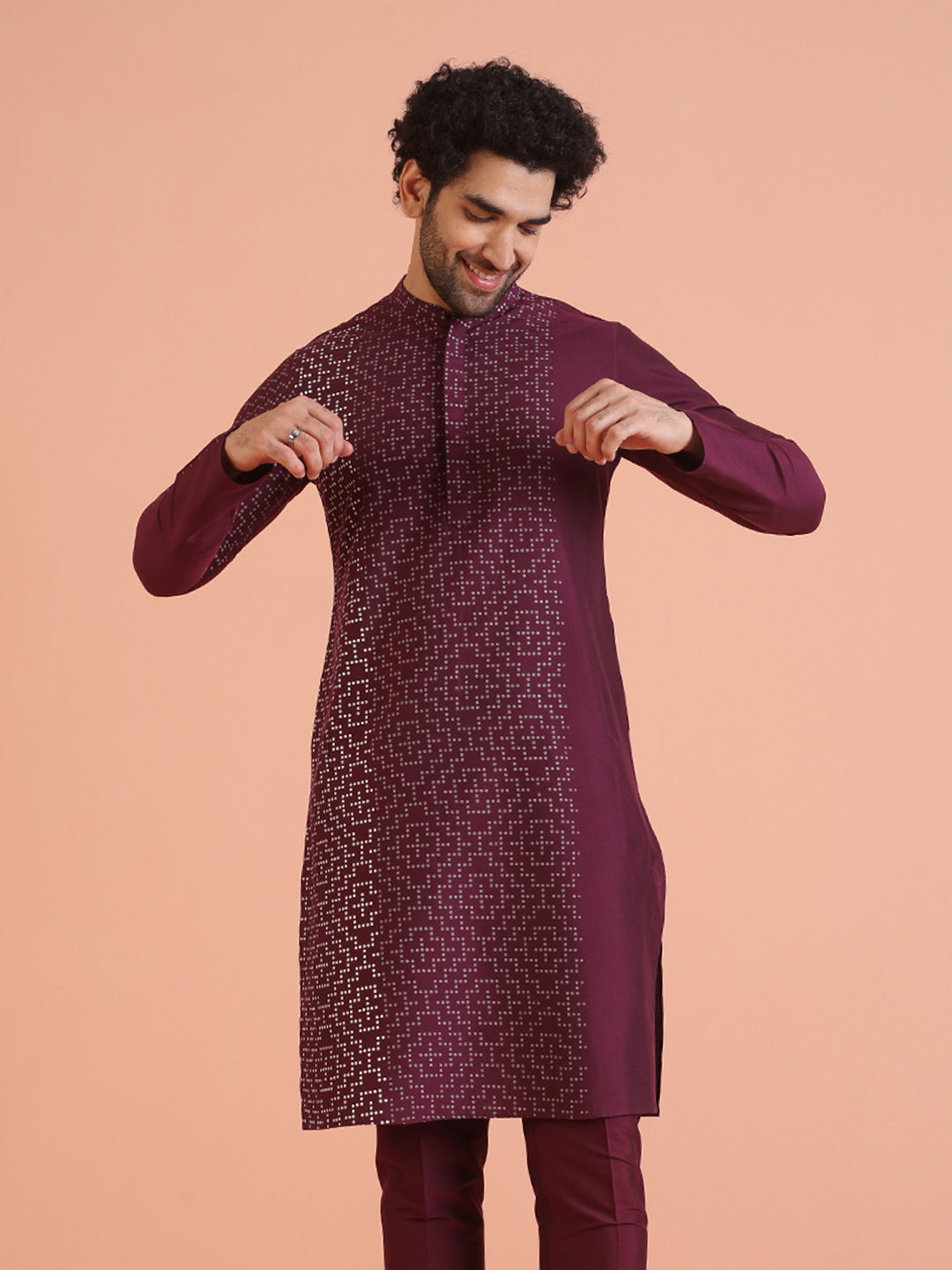 Wine Geometric Foil Printed Kurta