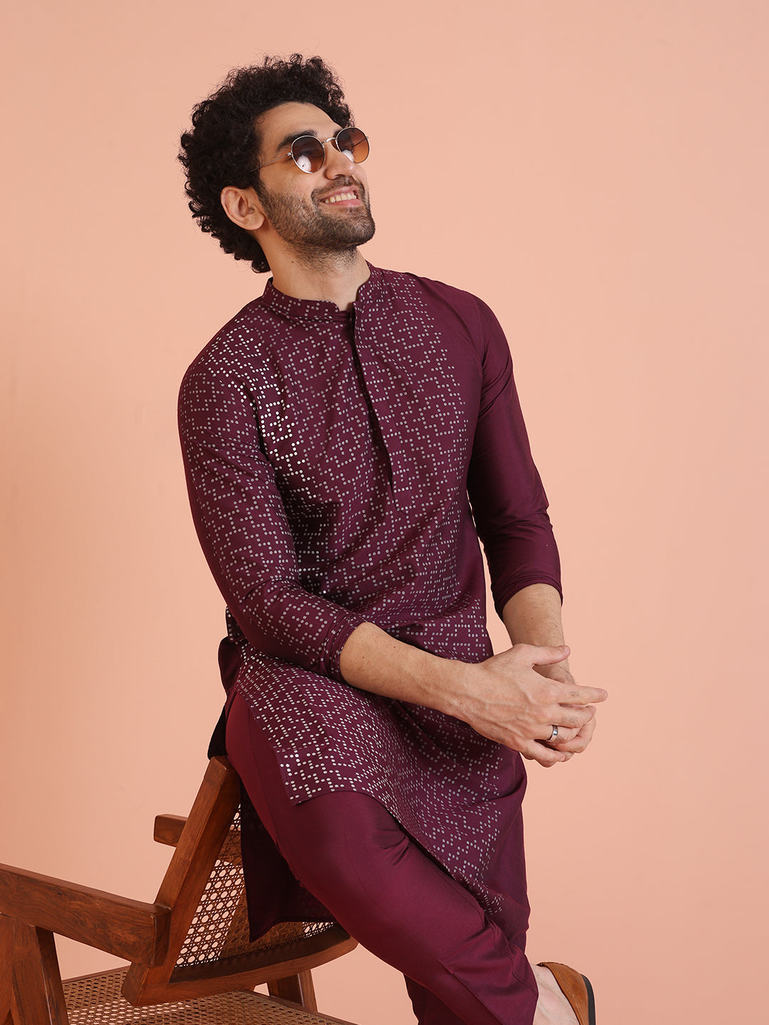 Wine Geometric Foil Printed Kurta
