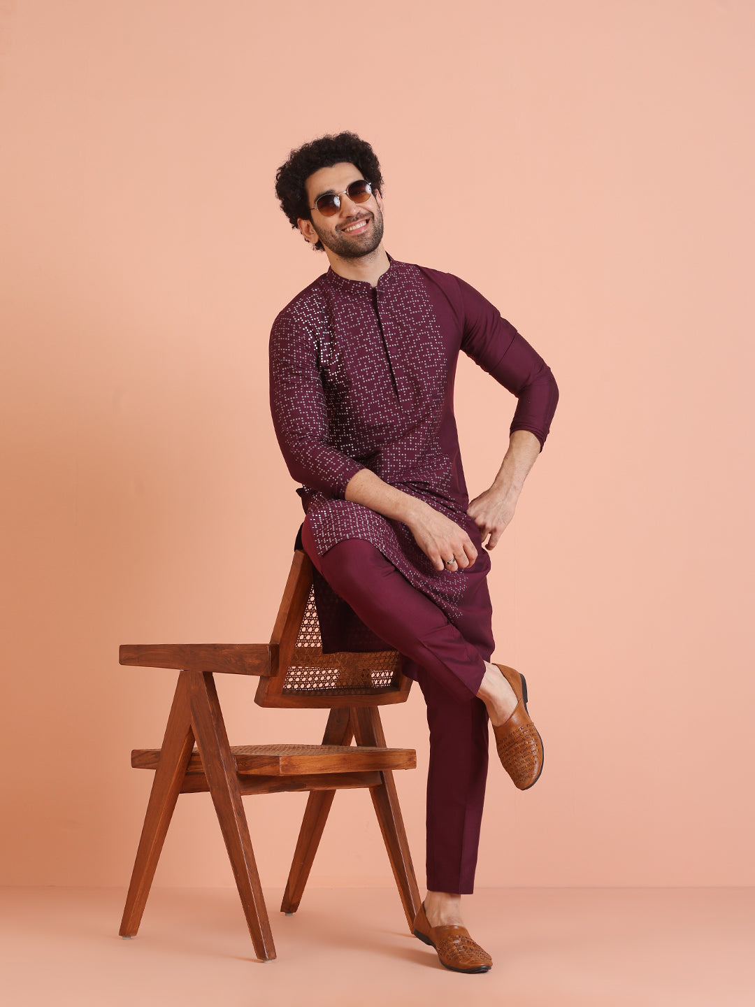 Wine Geometric Foil Printed Kurta