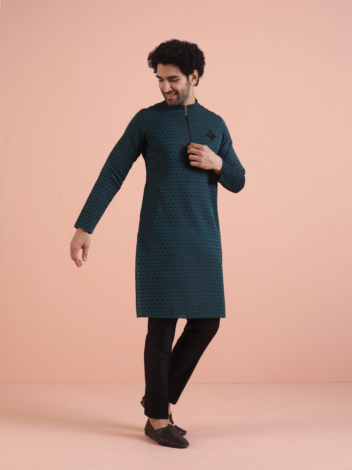 Men Teal Jacquard Patch Work Kurta