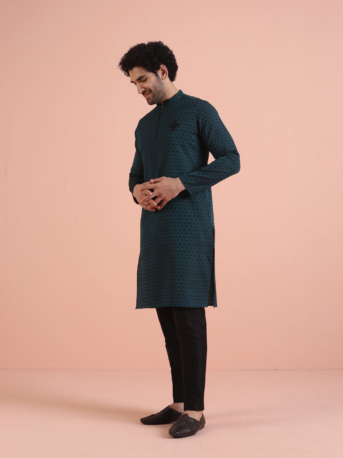 Men Teal Jacquard Patch Work Kurta
